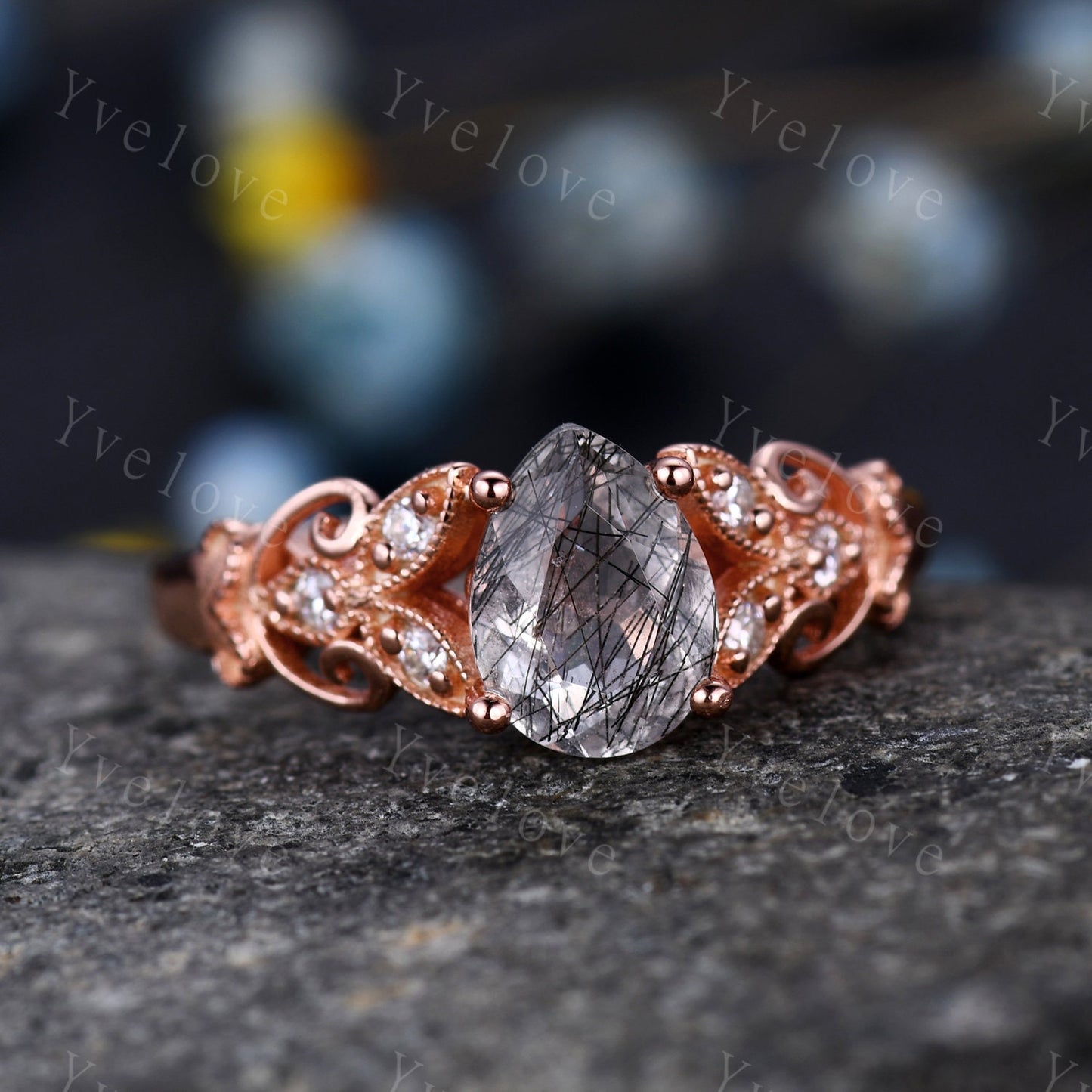 Pear cut black quartz rutilated  engagement Ring diamond ring rose gold wedding ring floral design wedding band milgrain women promise ring