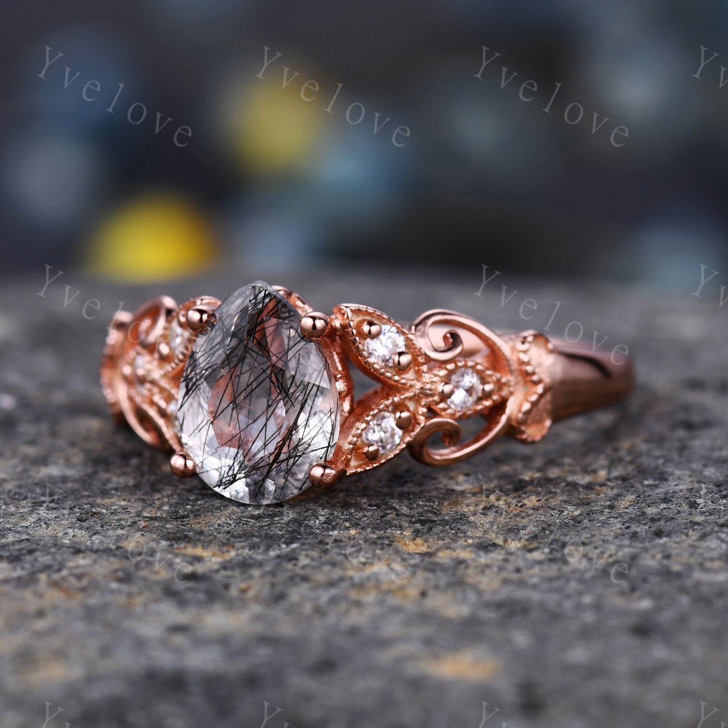 Pear cut black quartz rutilated  engagement Ring diamond ring rose gold wedding ring floral design wedding band milgrain women promise ring