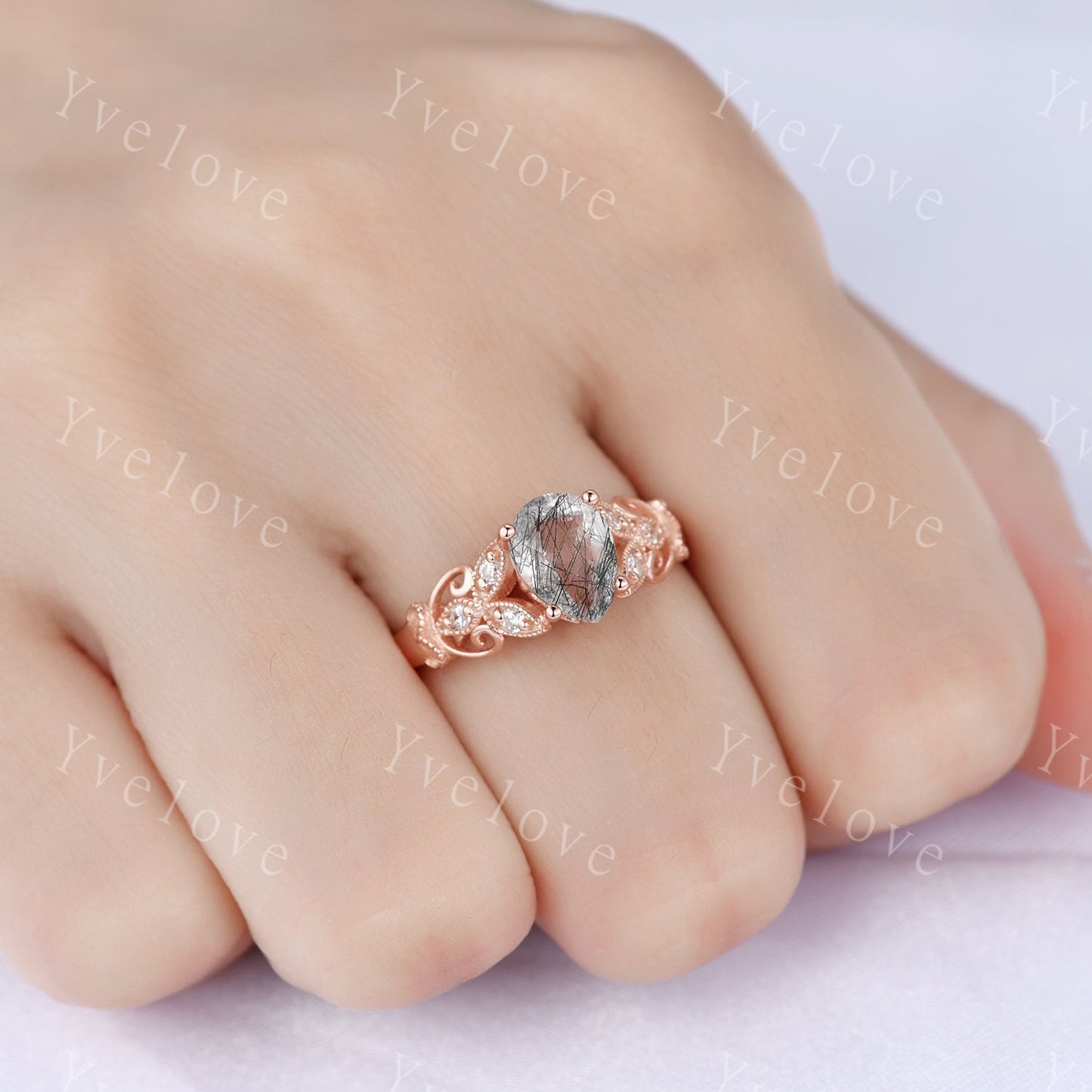 Pear cut black quartz rutilated  engagement Ring diamond ring rose gold wedding ring floral design wedding band milgrain women promise ring