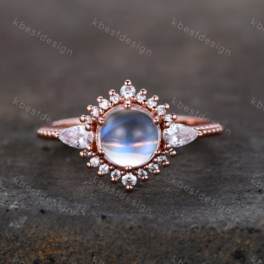 Vintage Moonstone Engagement Ring Art Deo Wedding Ring Rose Gold Rainbow Moonstone Ring Round Cut Ring Promise Anniversary Ring
