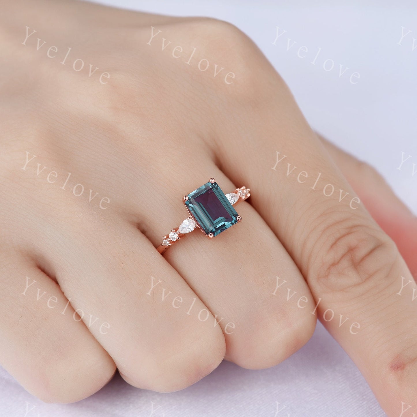 6x8mm  Emerald Cut Alexandrite Engagement Ring 14K Rose Gold Moissanite/Diamond Wedding Band Art Deco  Special Bridal Ring Jewelry Gift