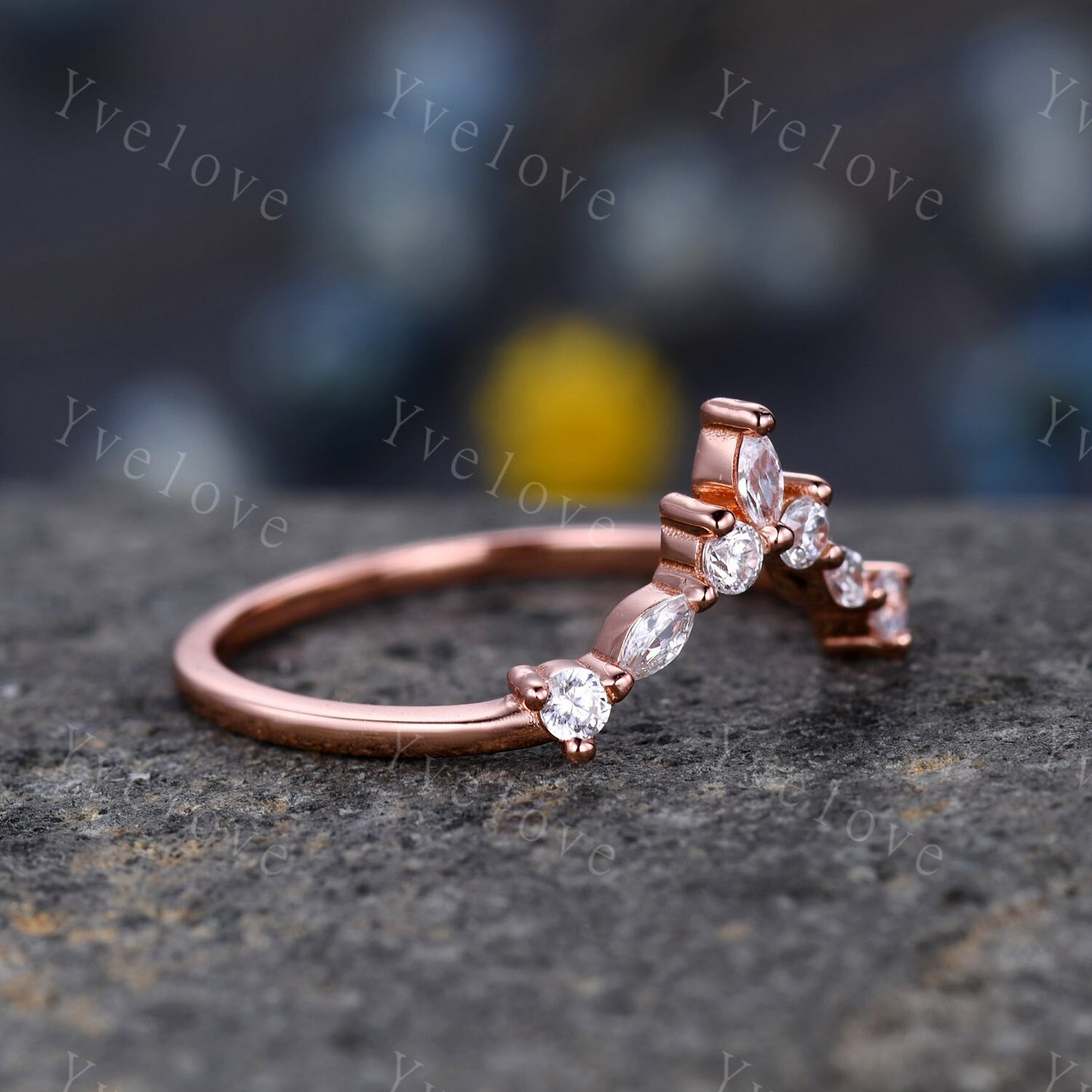 Curved shape stacking band moissanite wedding band 14k rose gold art deco marquise matching band forever classical stone customized