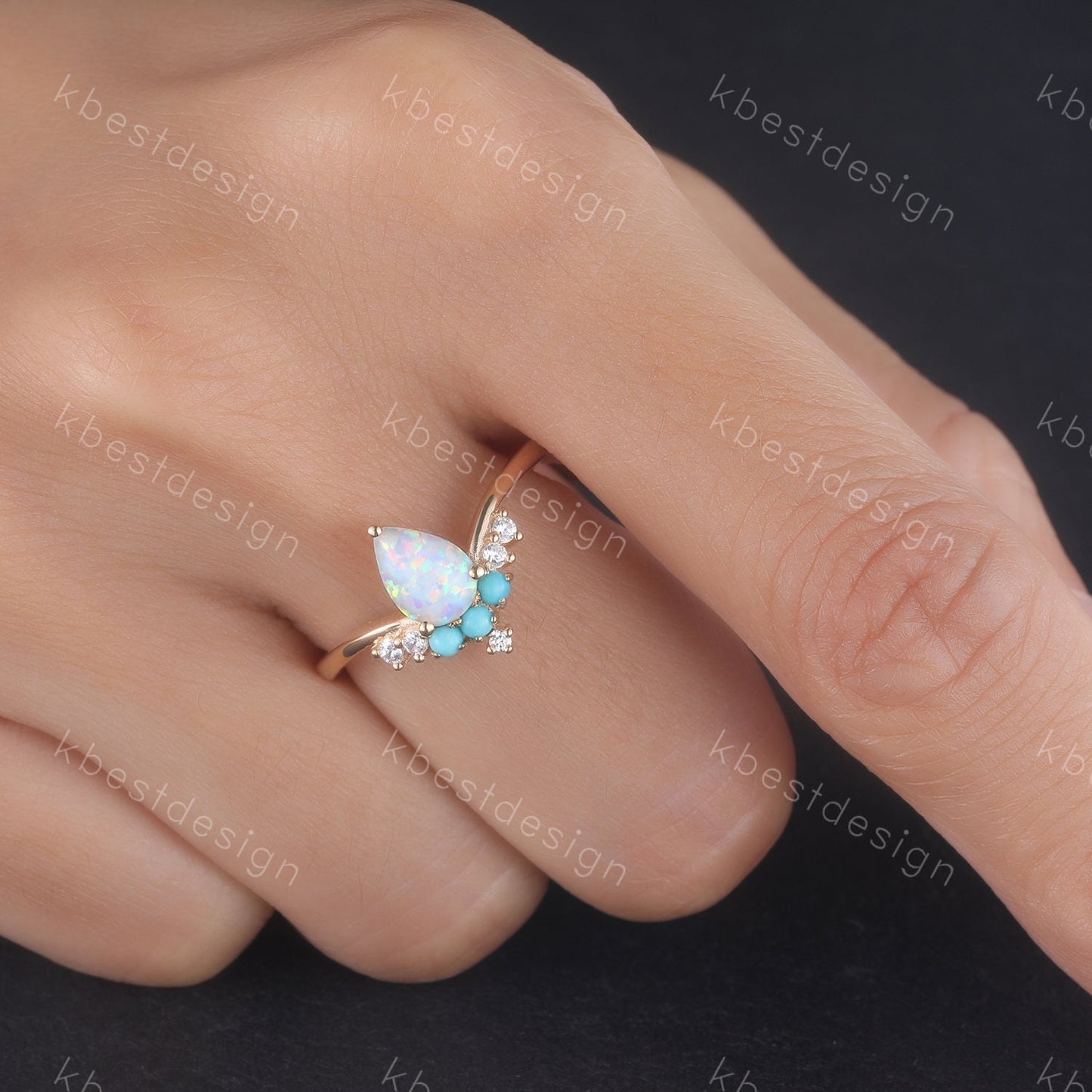 Pear Shaped Opal Engagement Ring, White Opal Ring, Opal Turquoise Wedding Ring, Stacking Ring, October Birthstone, Anniversary Gift for her