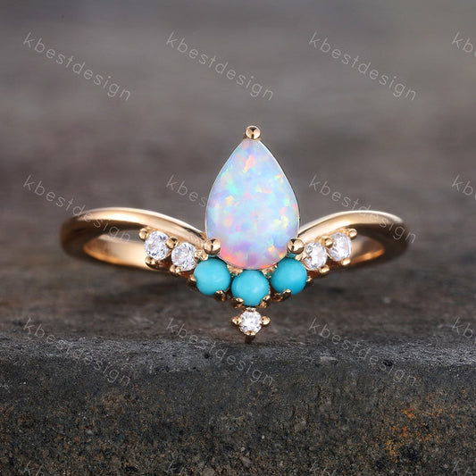 Pear Shaped Opal Engagement Ring, White Opal Ring, Opal Turquoise Wedding Ring, Stacking Ring, October Birthstone, Anniversary Gift for her