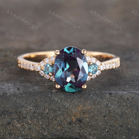 Oval Alexandrite Engagement Ring Solid Yellow Gold Alexandrite Ring Dainty Ring June Birthstone Ring Promise Ring Anniversary Ring