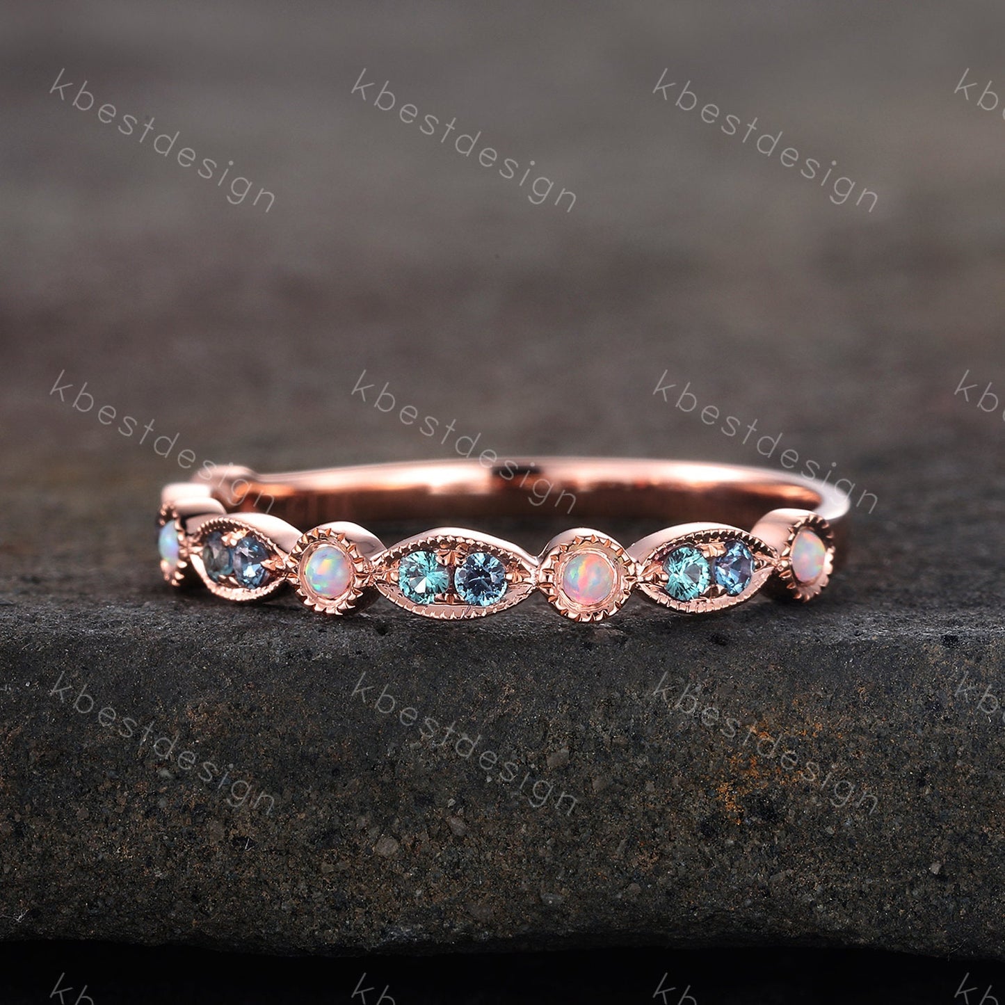Alexandrite Opal Wedding Band, Half Eternity Wedding Band, Art Deco Stacking Band, Opal Wedding Ring, Alexandrite Ring, Anniversary Gift