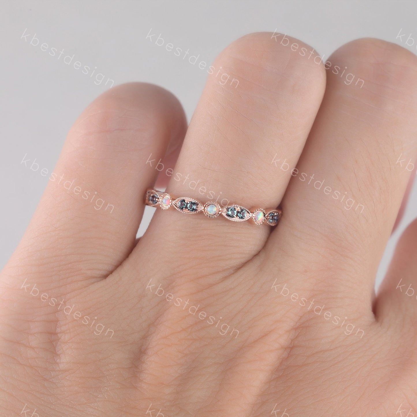 Alexandrite Opal Wedding Band, Half Eternity Wedding Band, Art Deco Stacking Band, Opal Wedding Ring, Alexandrite Ring, Anniversary Gift