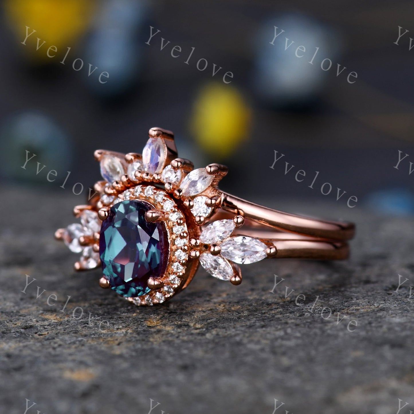 Vintage Style Alexandrite Engagement Ring Set Women Diamond Halo Marquise Moissanite Matching Band Stacking Ring Set Unique Gift Marry her