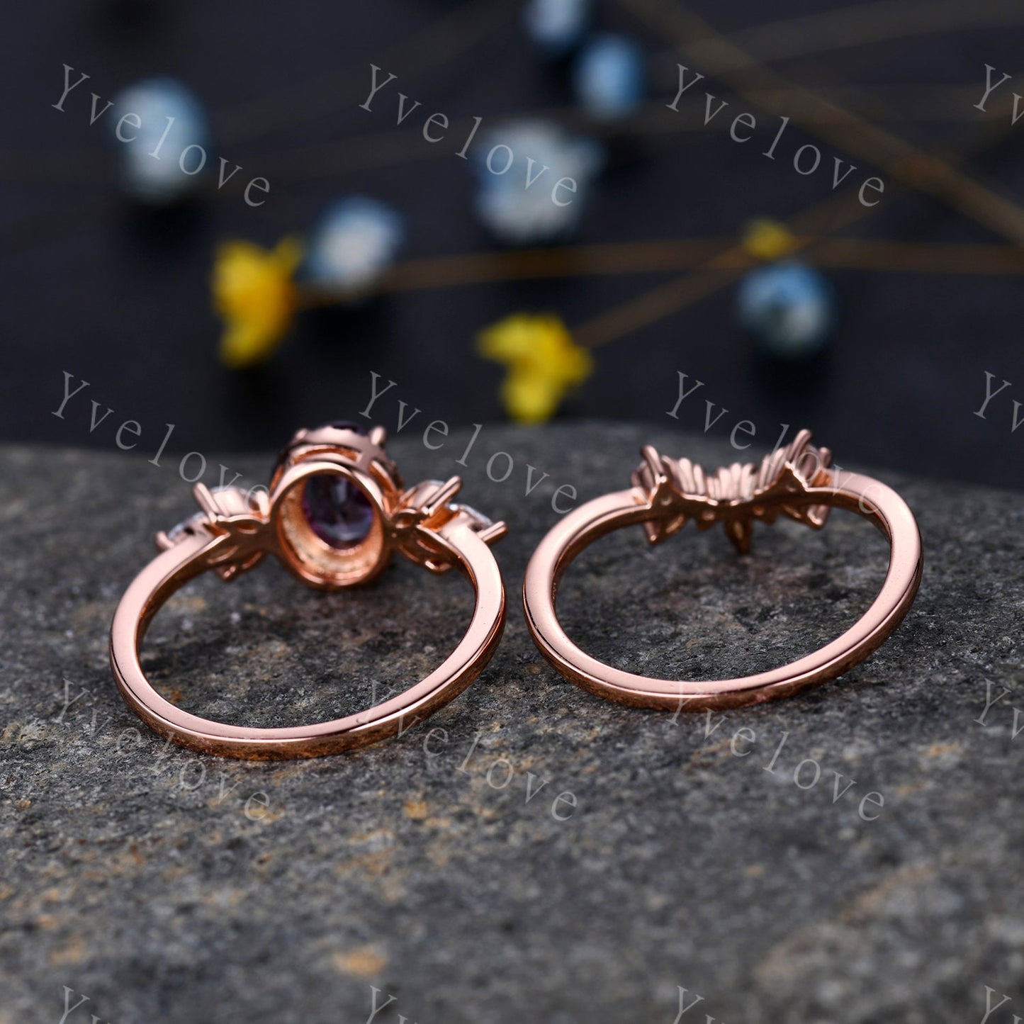 Vintage Style Alexandrite Engagement Ring Set Women Diamond Halo Marquise Moissanite Matching Band Stacking Ring Set Unique Gift Marry her