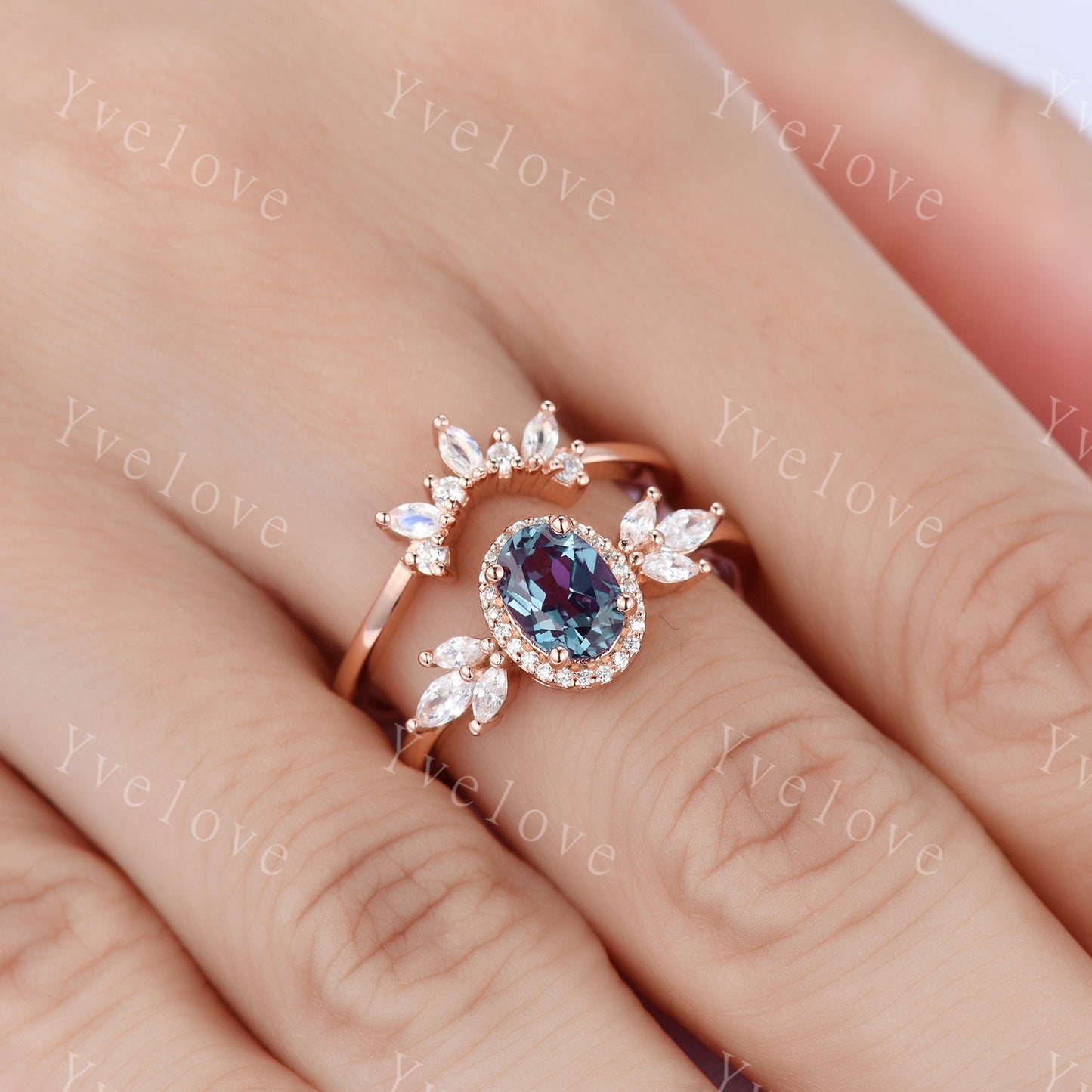 Vintage Style Alexandrite Engagement Ring Set Women Diamond Halo Marquise Moissanite Matching Band Stacking Ring Set Unique Gift Marry her
