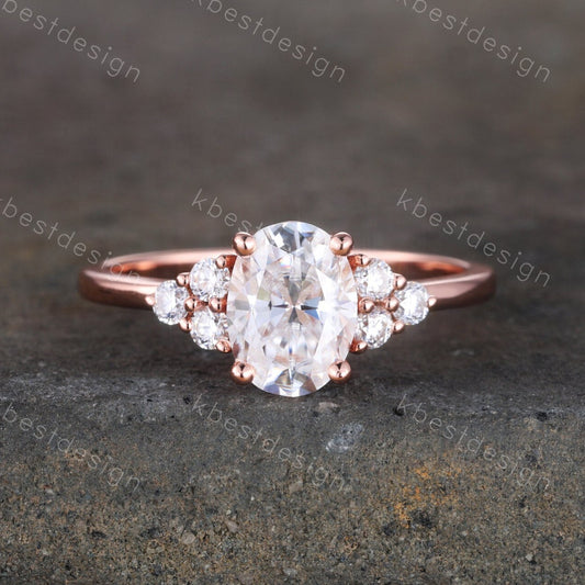1.5 CT Oval Engagement Ring, Vintage Unique Rose Gold Engagement Ring, Cluster Wedding Ring, Diamond Simulant, Promise Ring, Gift for her