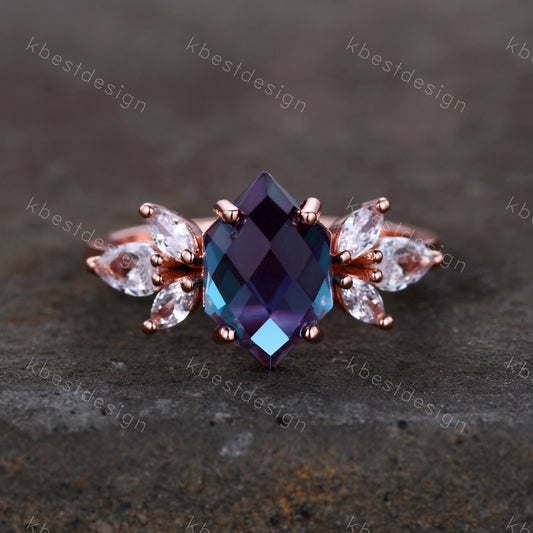 Vintage Alexandrite Ring Unique Bridal Ring Rose Gold Alexandrite Engagement Ring June Birthstone Ring Marquise Cluster Ring Promise