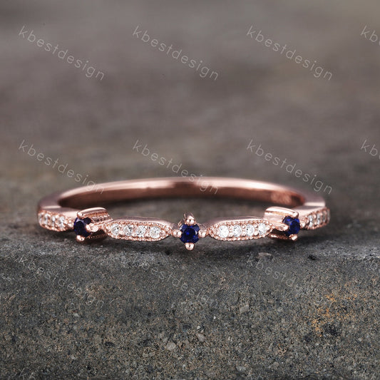 Dainty Sapphire Wedding Band Art Deco CZ Cubic Zirconia Minimalist Band Rose Gold Ring for Women Half Eternity Wedding Band Gift for Her