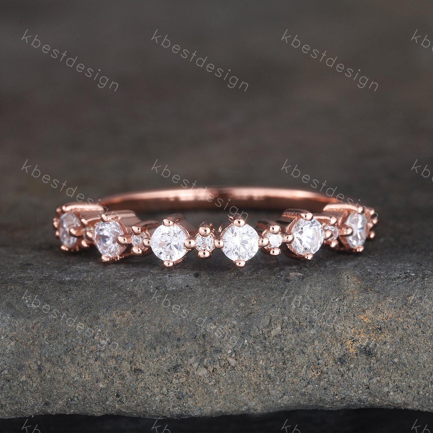Vintage Rose gold wedding band women Round cut Half eternity band Unique Stacking Matching bridal ring Sterling Silver Diamond wedding ring