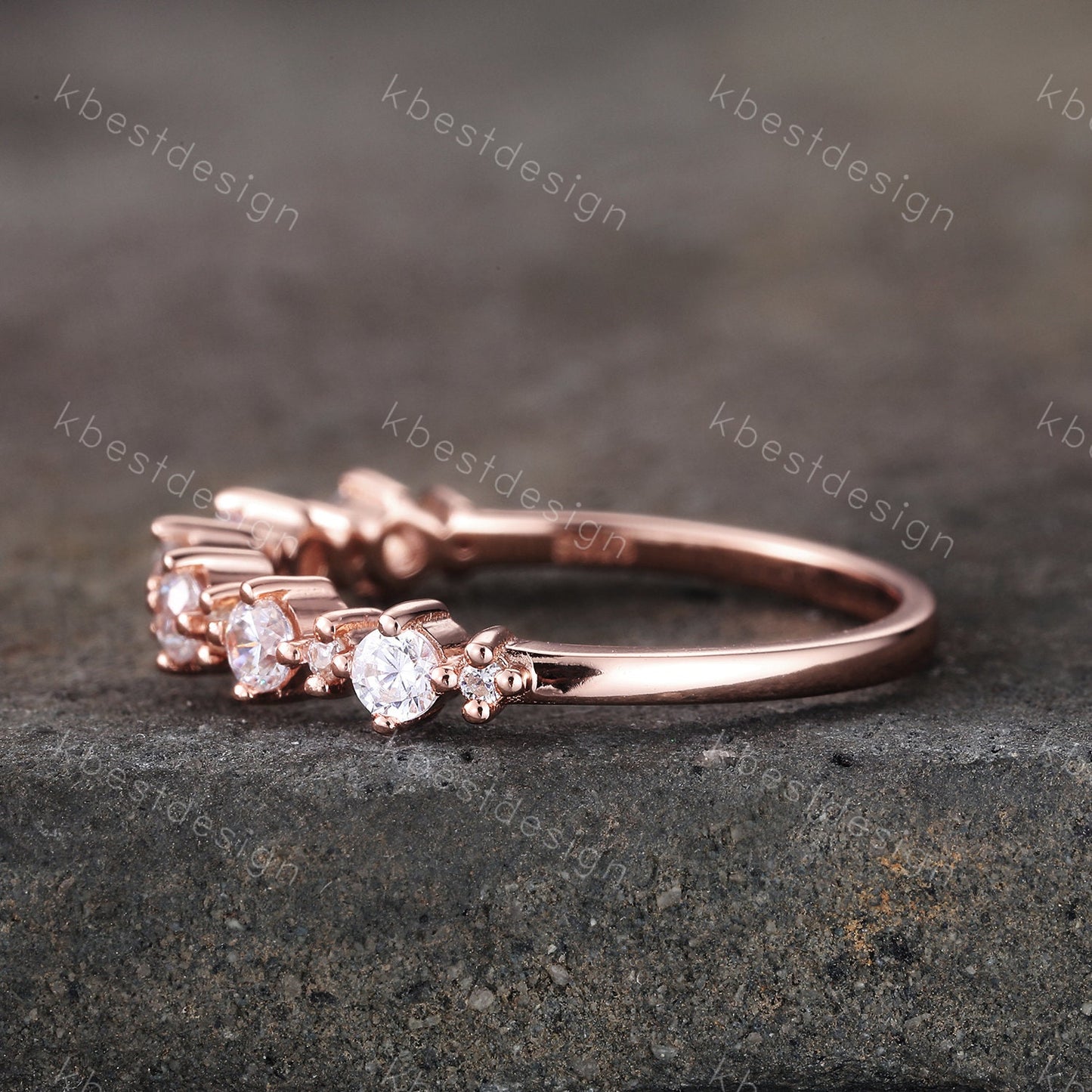 Vintage Rose gold wedding band women Round cut Half eternity band Unique Stacking Matching bridal ring Sterling Silver Diamond wedding ring