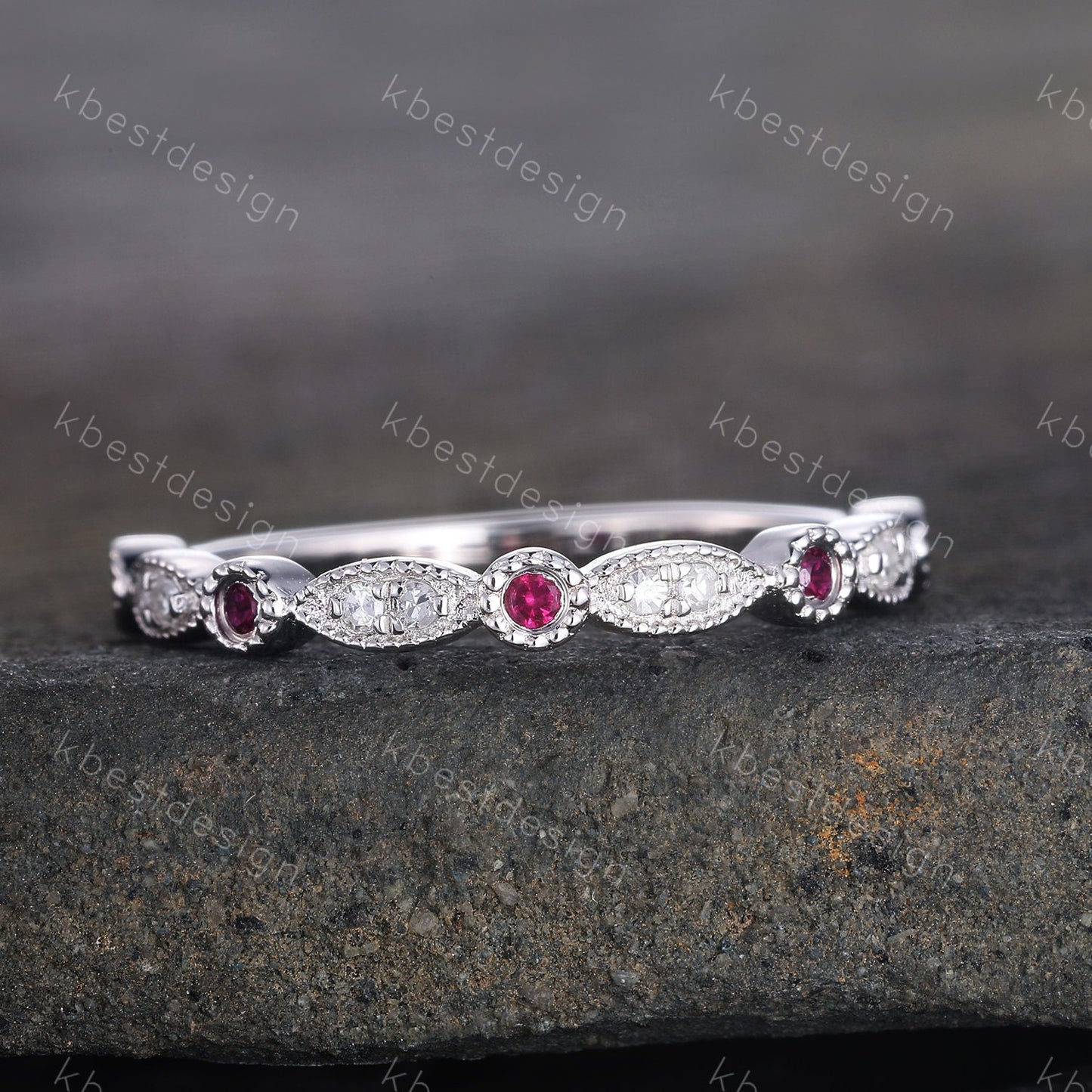 Art Deco Simulated Diamond CZ Wedding Band Half Eternity Ruby Diamond Wedding Band Stacking Ring 925 Sterling Silver