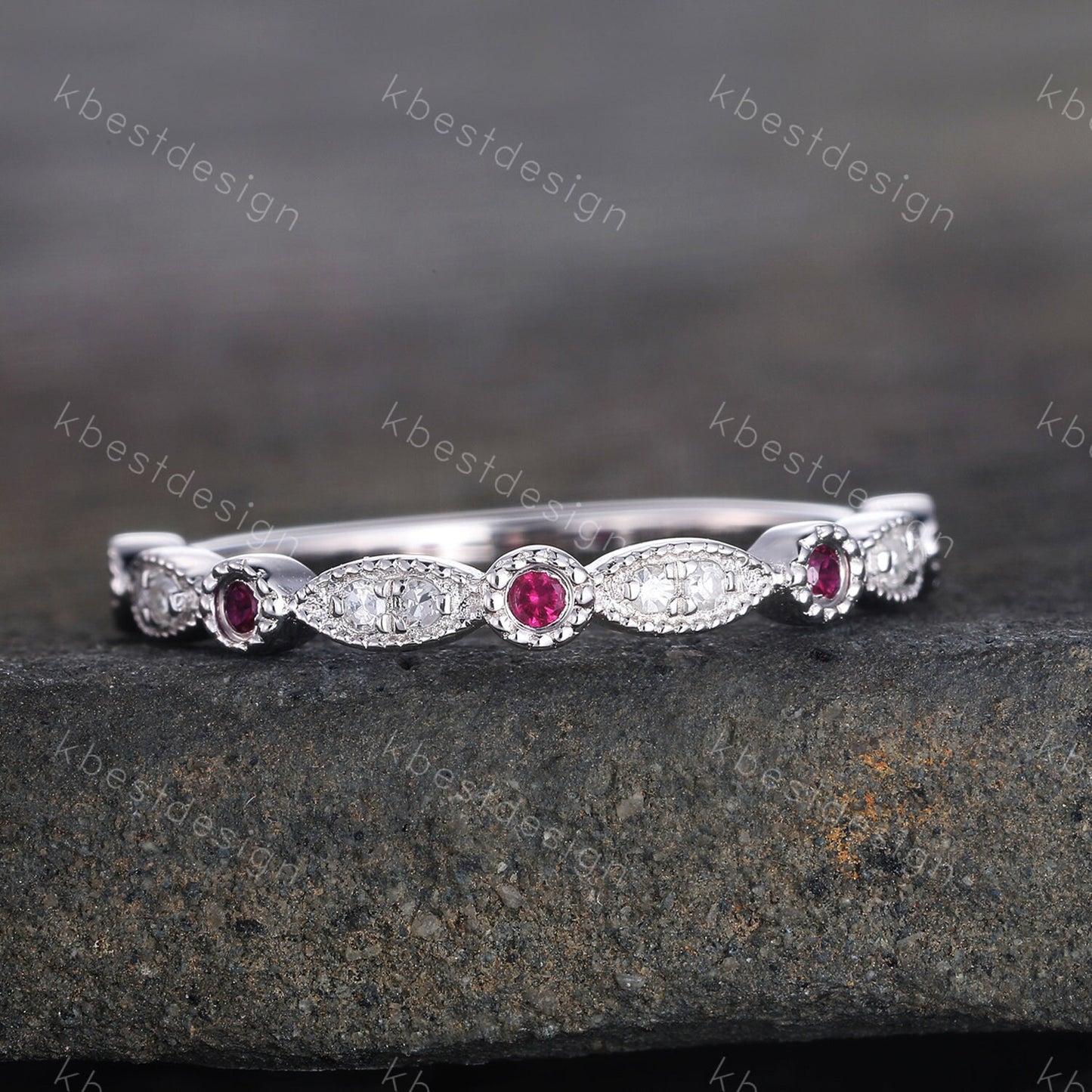 Art Deco Simulated Diamond CZ Wedding Band Half Eternity Ruby Diamond Wedding Band Stacking Ring 925 Sterling Silver