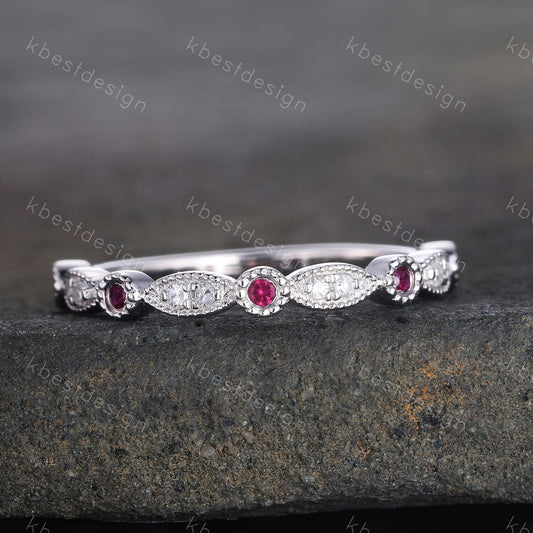 Art Deco Simulated Diamond CZ Wedding Band Half Eternity Ruby Diamond Wedding Band Stacking Ring 925 Sterling Silver