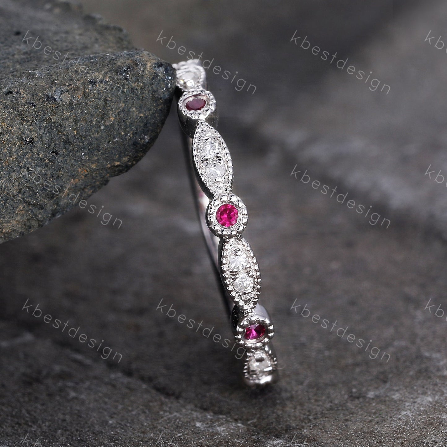 Art Deco Simulated Diamond CZ Wedding Band Half Eternity Ruby Diamond Wedding Band Stacking Ring 925 Sterling Silver