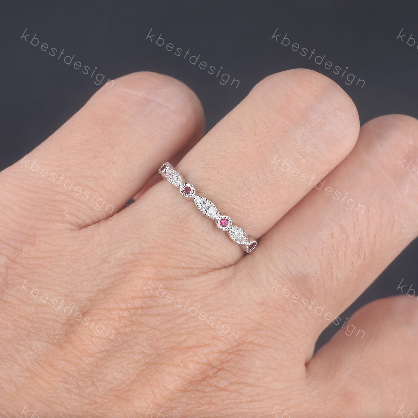 Art Deco Simulated Diamond CZ Wedding Band Half Eternity Ruby Diamond Wedding Band Stacking Ring 925 Sterling Silver