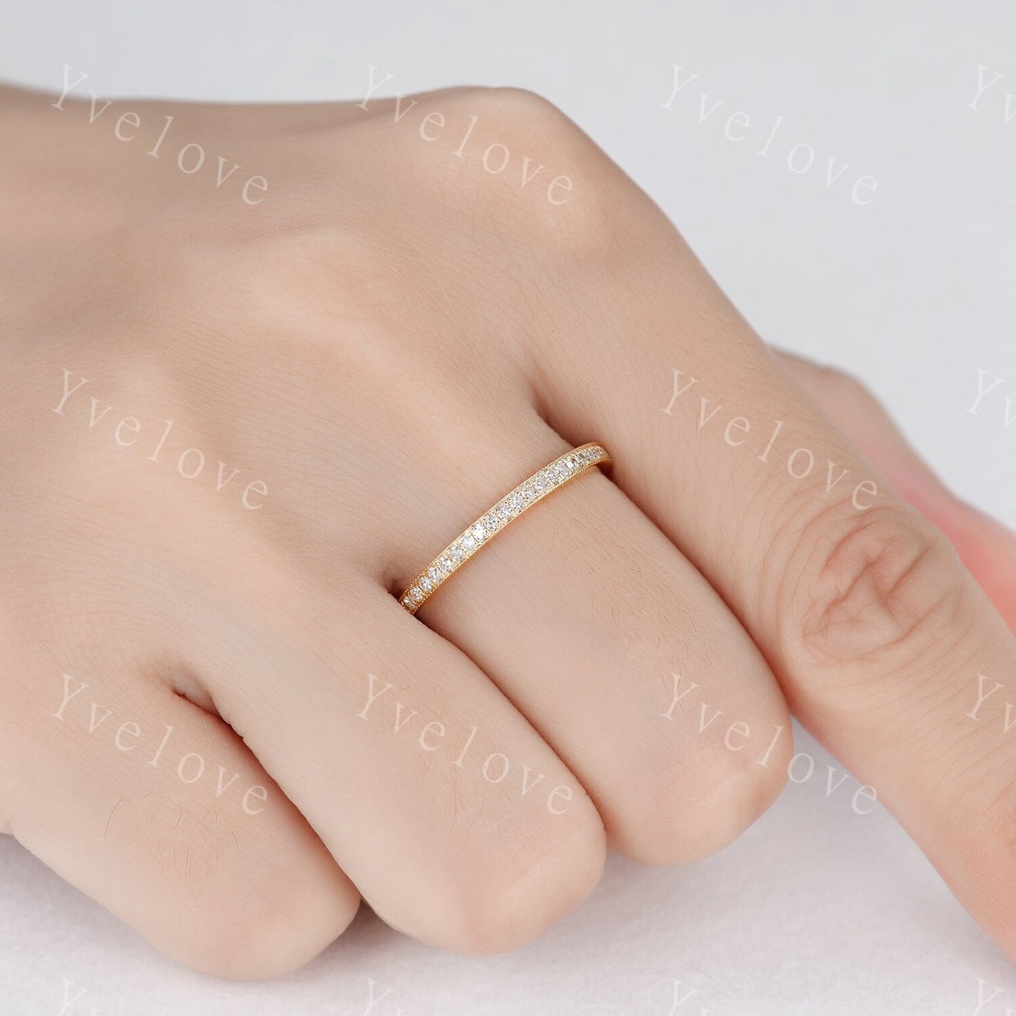 14k yellow gold diamond wedding band half eternity stacking matching band milgrain style pave set natural diamond anniversary ring