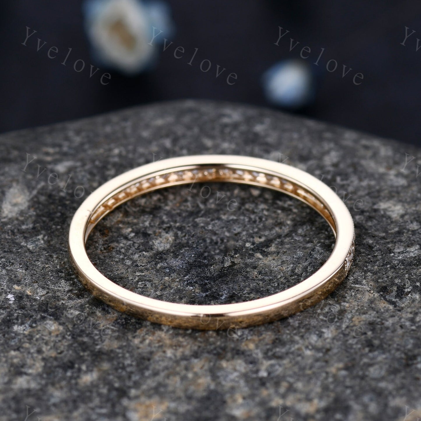 14k yellow gold diamond wedding band half eternity stacking matching band milgrain style pave set natural diamond anniversary ring
