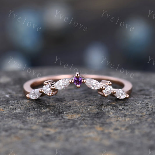 Natural Amethyst Matching Band Curved shape stacking band diamond wedding ring 14k rose gold art deco marquise matching band customized gift