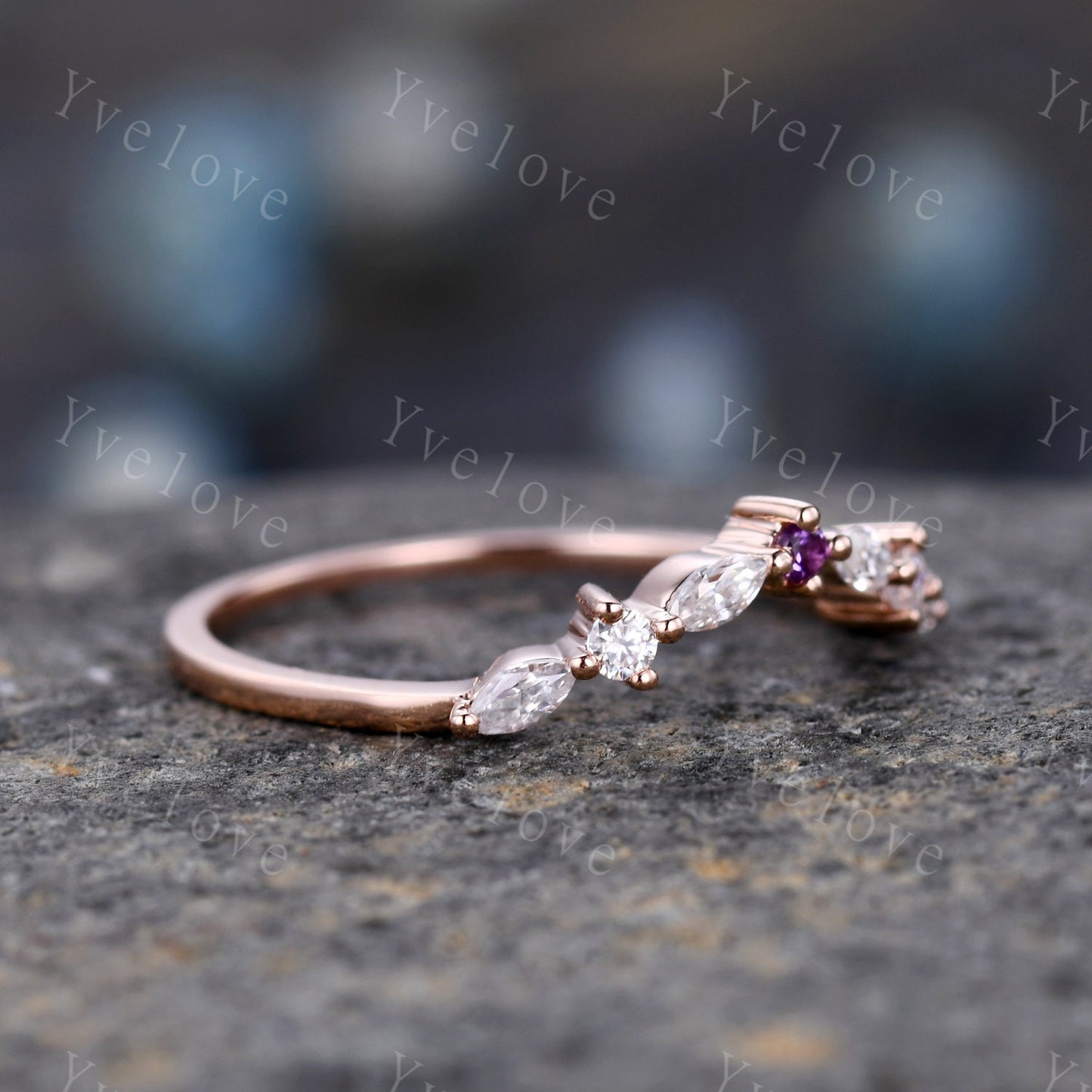 Natural Amethyst Matching Band Curved shape stacking band diamond wedding ring 14k rose gold art deco marquise matching band customized gift