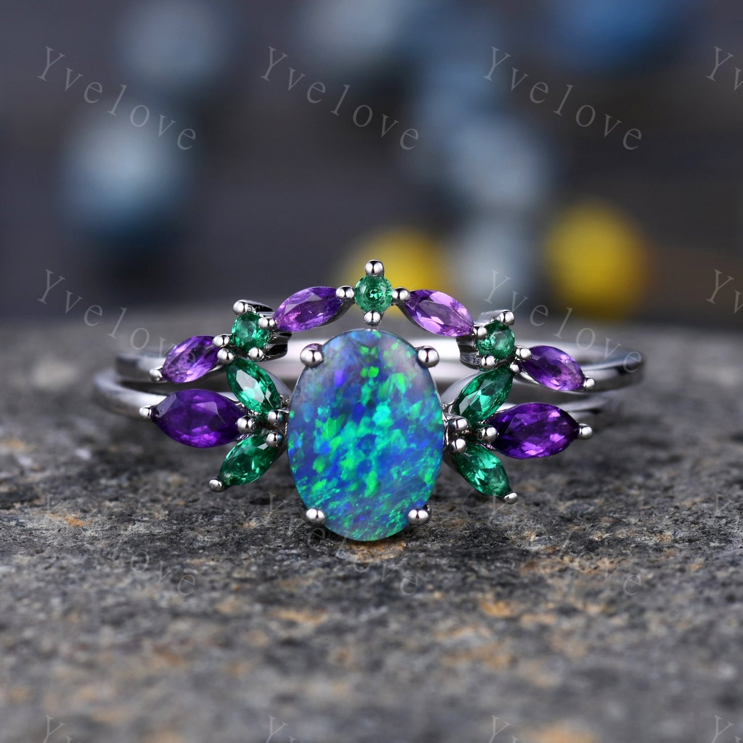 Blue Opal Wedding Ring Set Oval Opal Engagement Ring  Emerald Amethyst Wedding Ring Three Birthstones Family Stone Jewelry Anniversary Gift