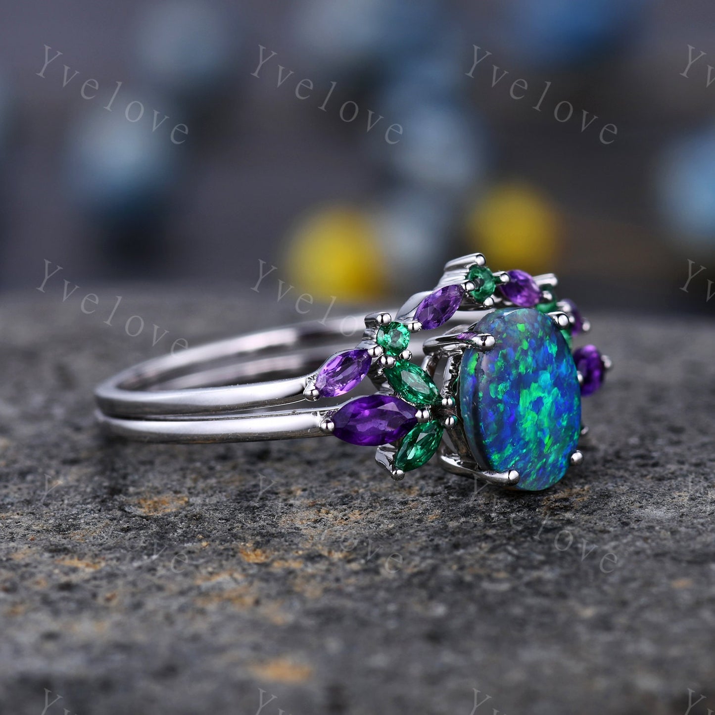 Natural Blue Opal Wedding Ring Set Oval Opal Engagement Ring White Gold Wedding Ring Emerald Amethyst  Promise Jewelry Anniversary Gift
