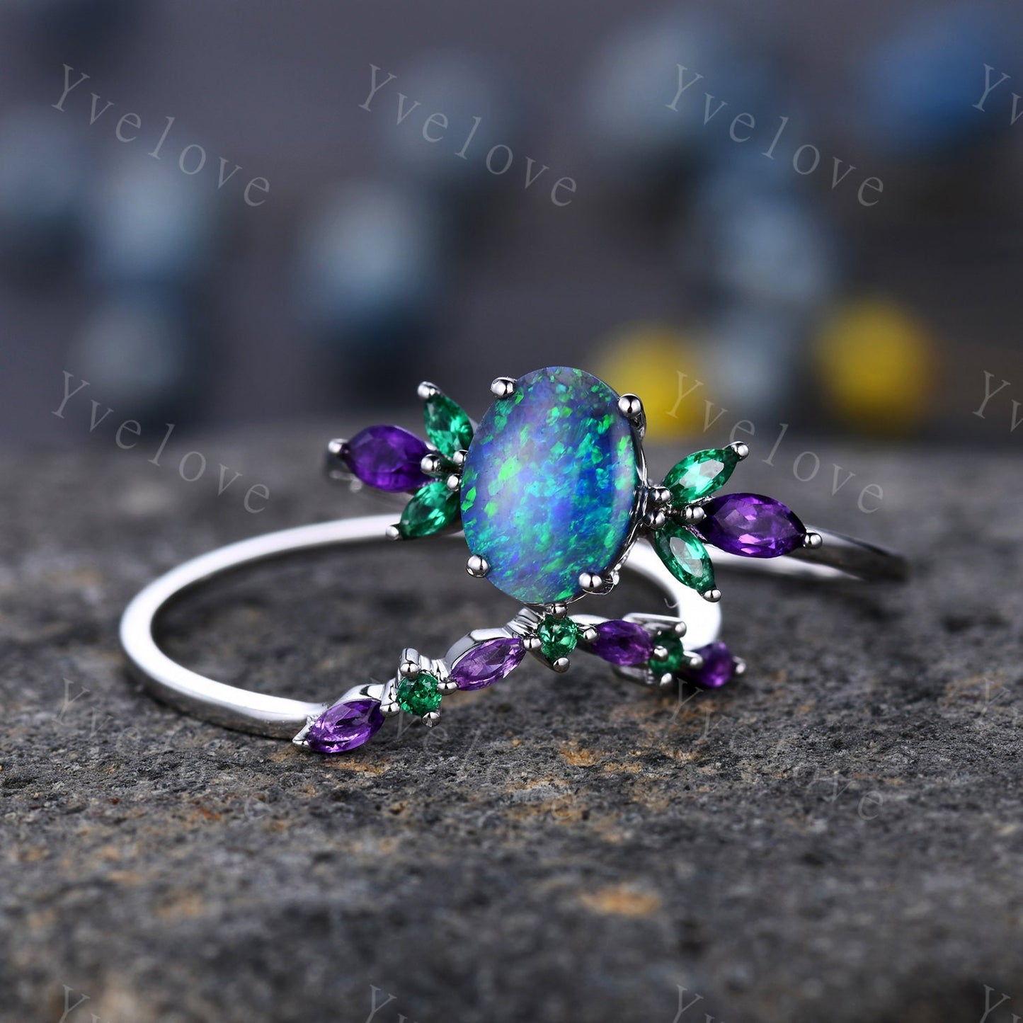 Natural Blue Opal Wedding Ring Set Oval Opal Engagement Ring White Gold Wedding Ring Emerald Amethyst  Promise Jewelry Anniversary Gift