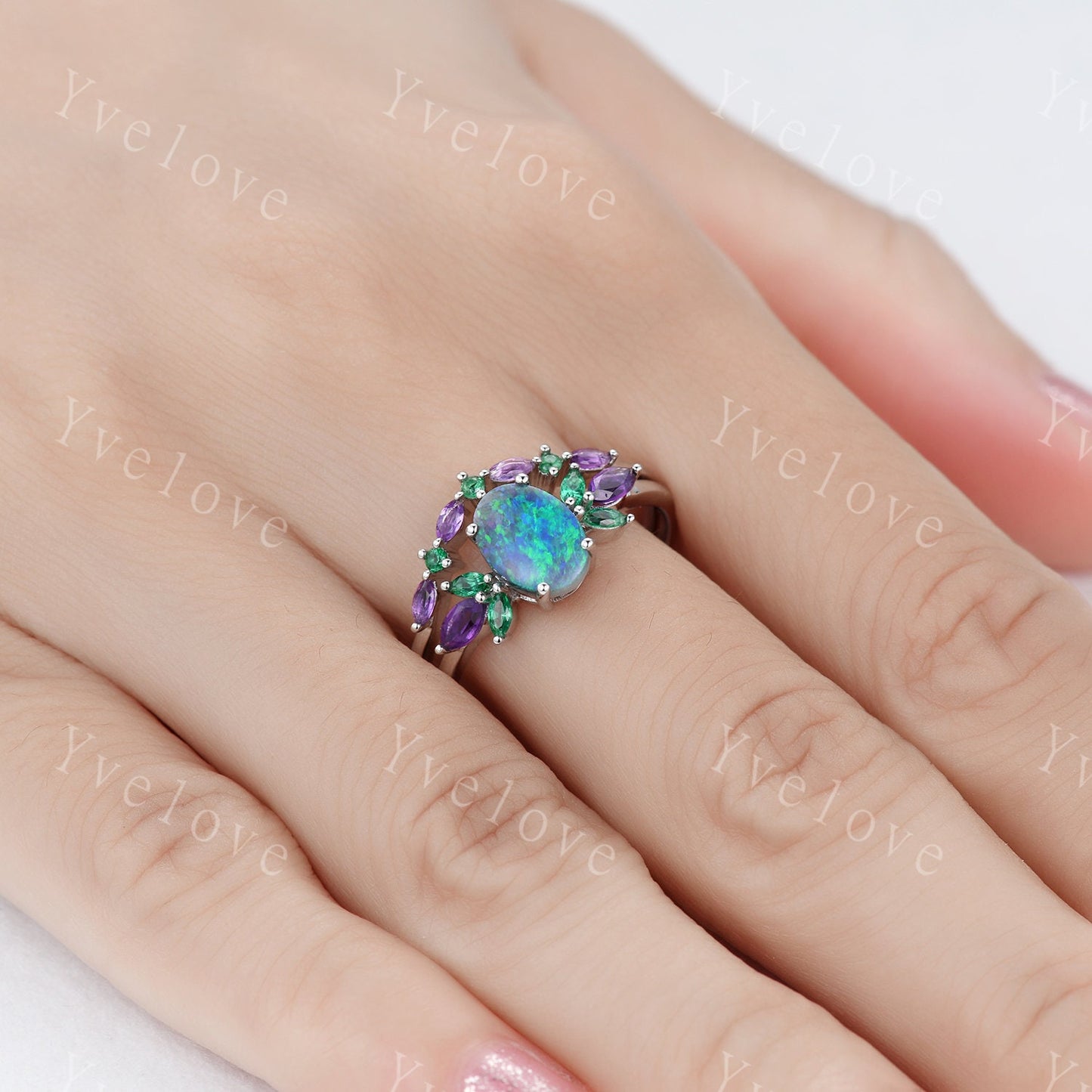 Natural Blue Opal Wedding Ring Set Oval Opal Engagement Ring White Gold Wedding Ring Emerald Amethyst  Promise Jewelry Anniversary Gift