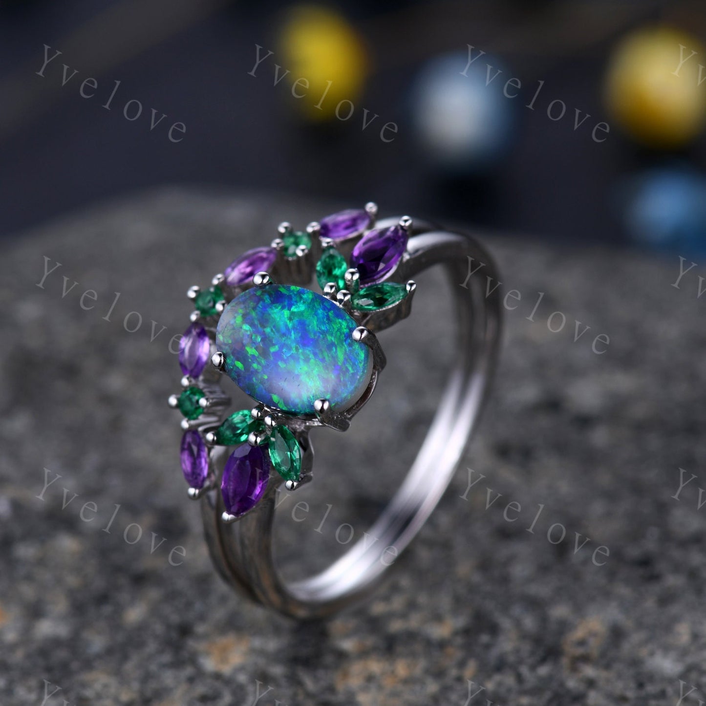 Natural Blue Opal Wedding Ring Set Oval Opal Engagement Ring White Gold Wedding Ring Emerald Amethyst  Promise Jewelry Anniversary Gift