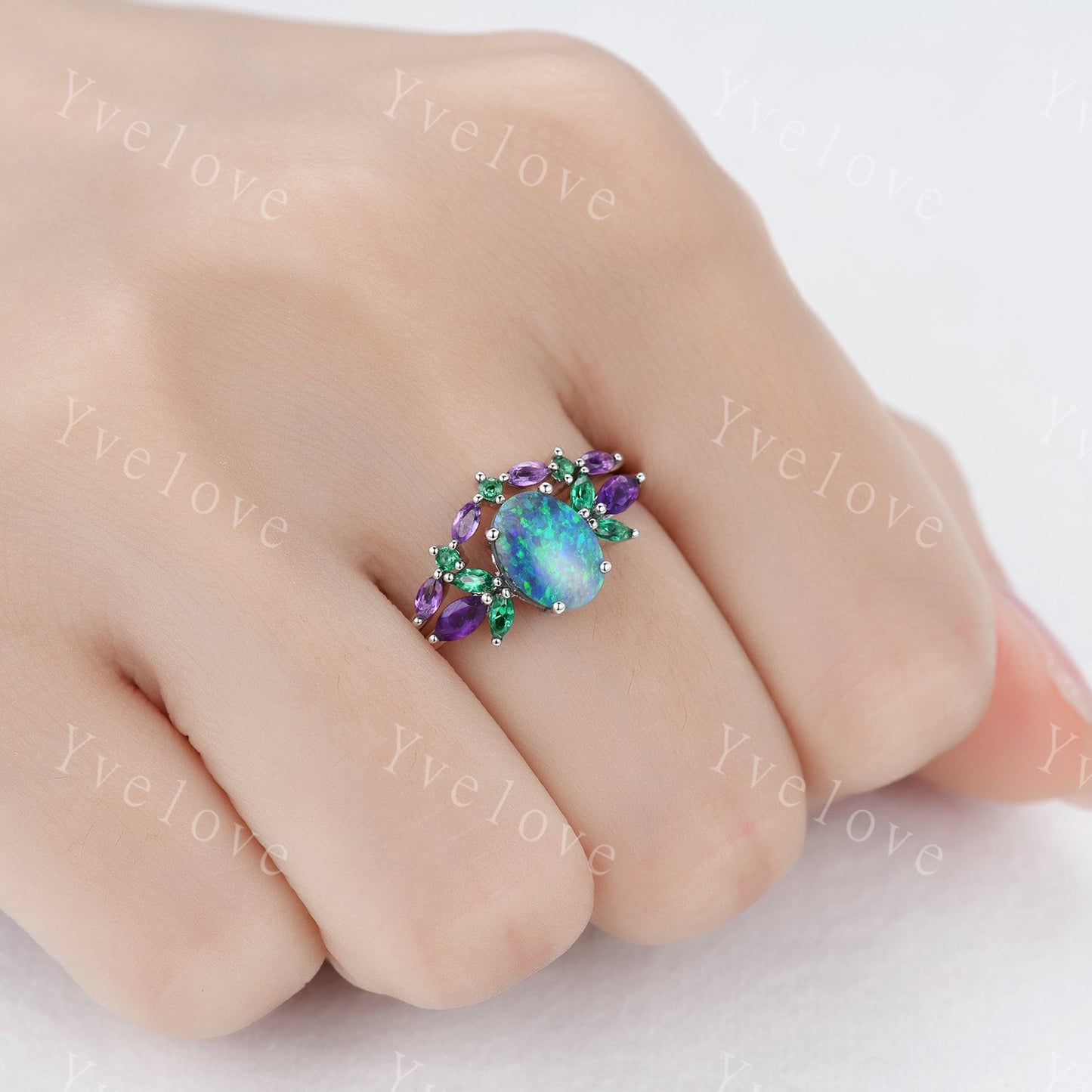 Blue Opal Wedding Ring Set Oval Opal Engagement Ring  Emerald Amethyst Wedding Ring Three Birthstones Family Stone Jewelry Anniversary Gift