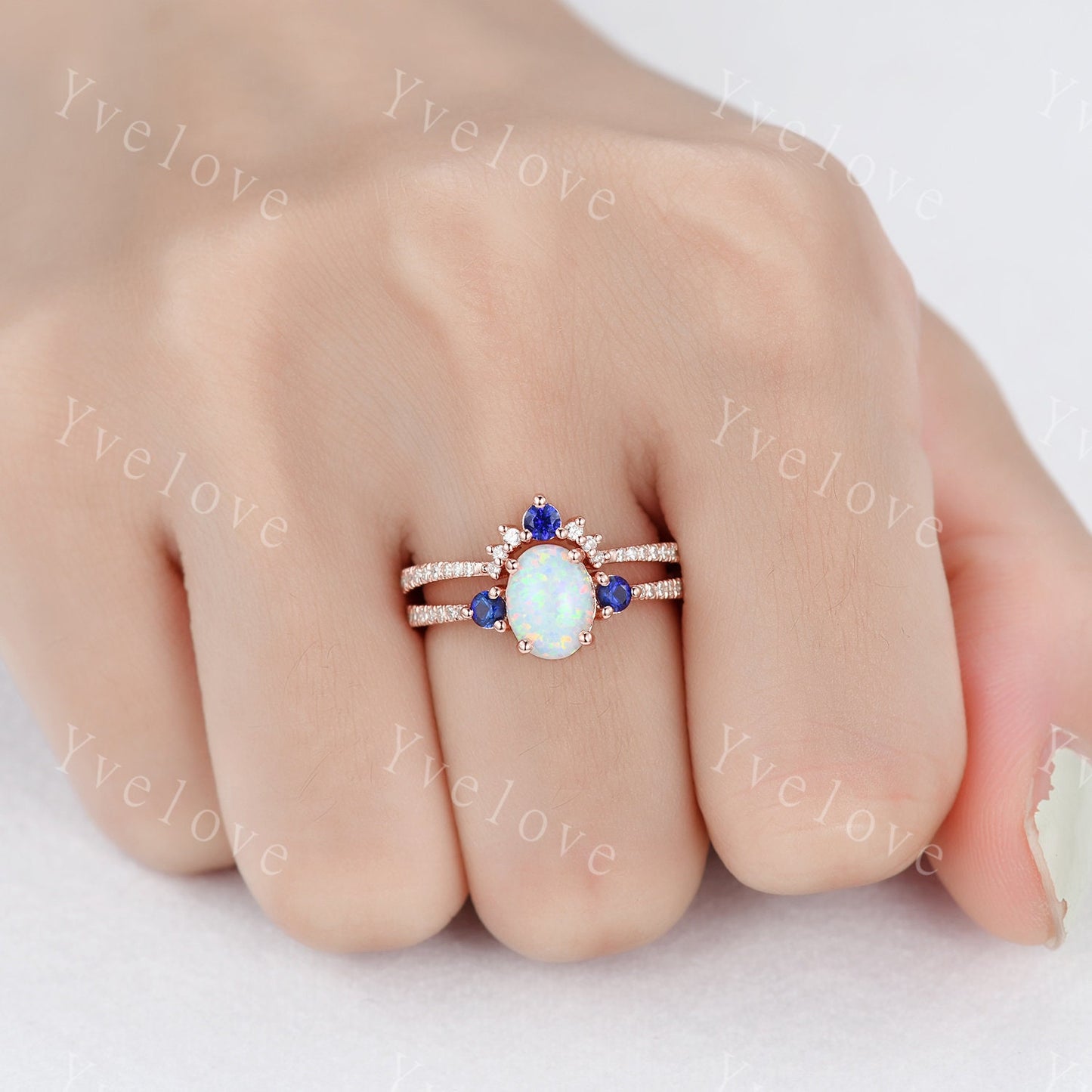 Oval Cut Opal Engagement Ring Set Rose Gold Diamond Blue Sapphire Matching Band Stacking Bridal Wedding Ring Set Birthstone Promise Jewelry