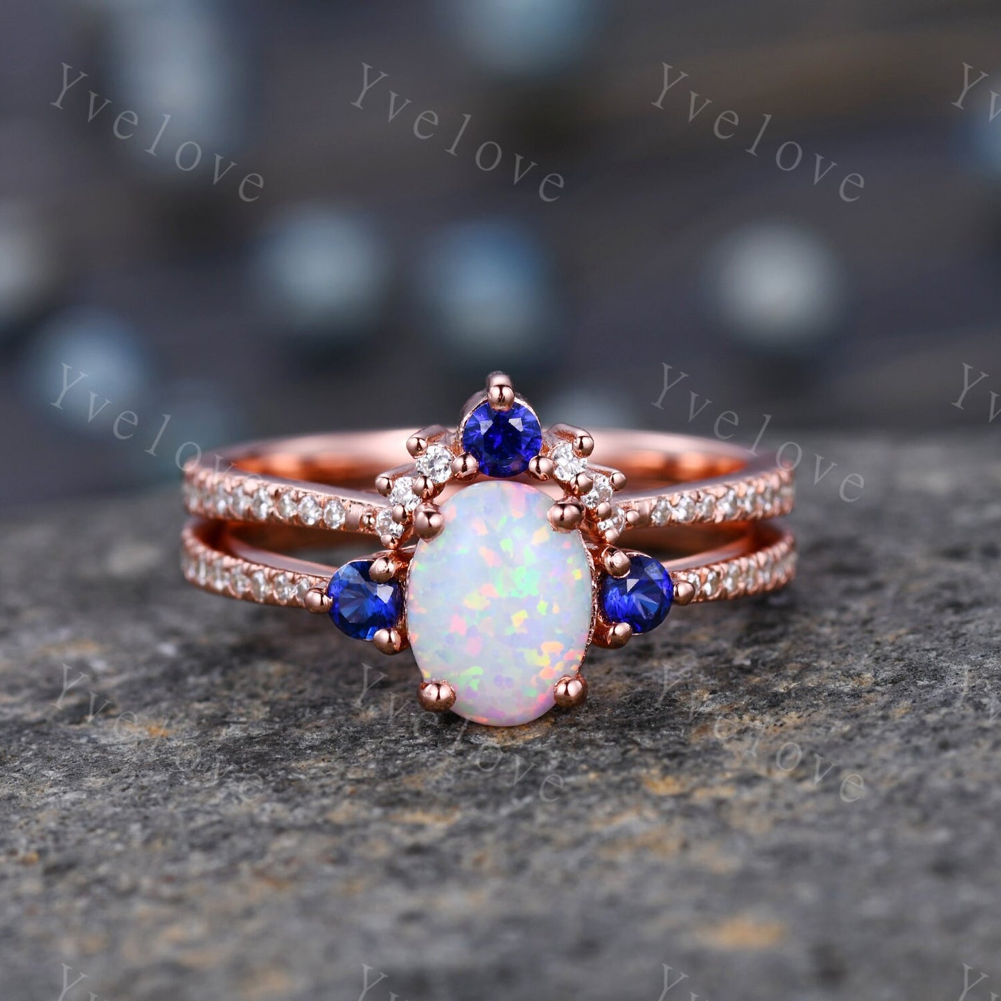 Danity Opal Engagement Ring Set Blue Sapphire Diamond Matching Band Women Bridal Wedding Ring Set Yellow Gold Anniversary Promise Jewelry