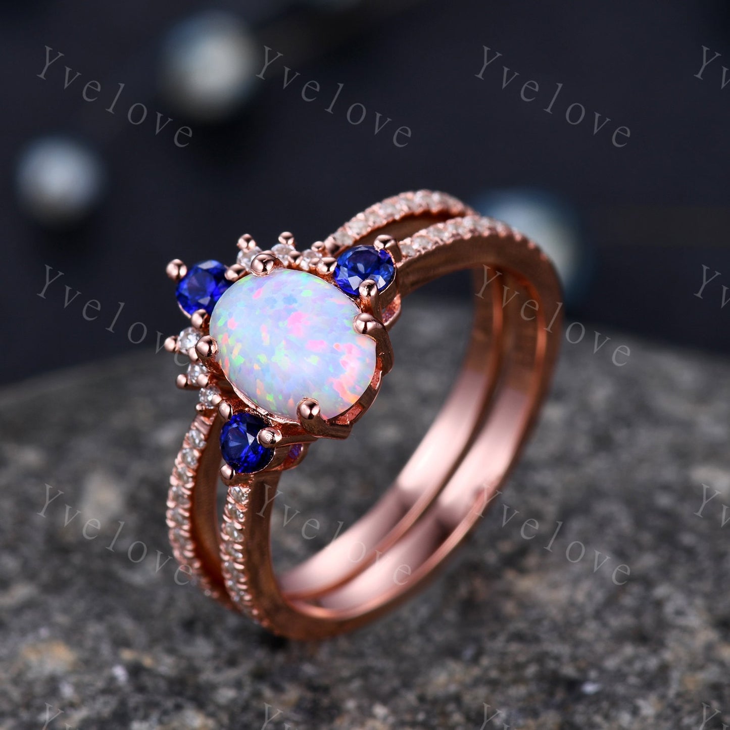 Oval Cut Opal Engagement Ring Set Rose Gold Diamond Blue Sapphire Matching Band Stacking Bridal Wedding Ring Set Birthstone Promise Jewelry