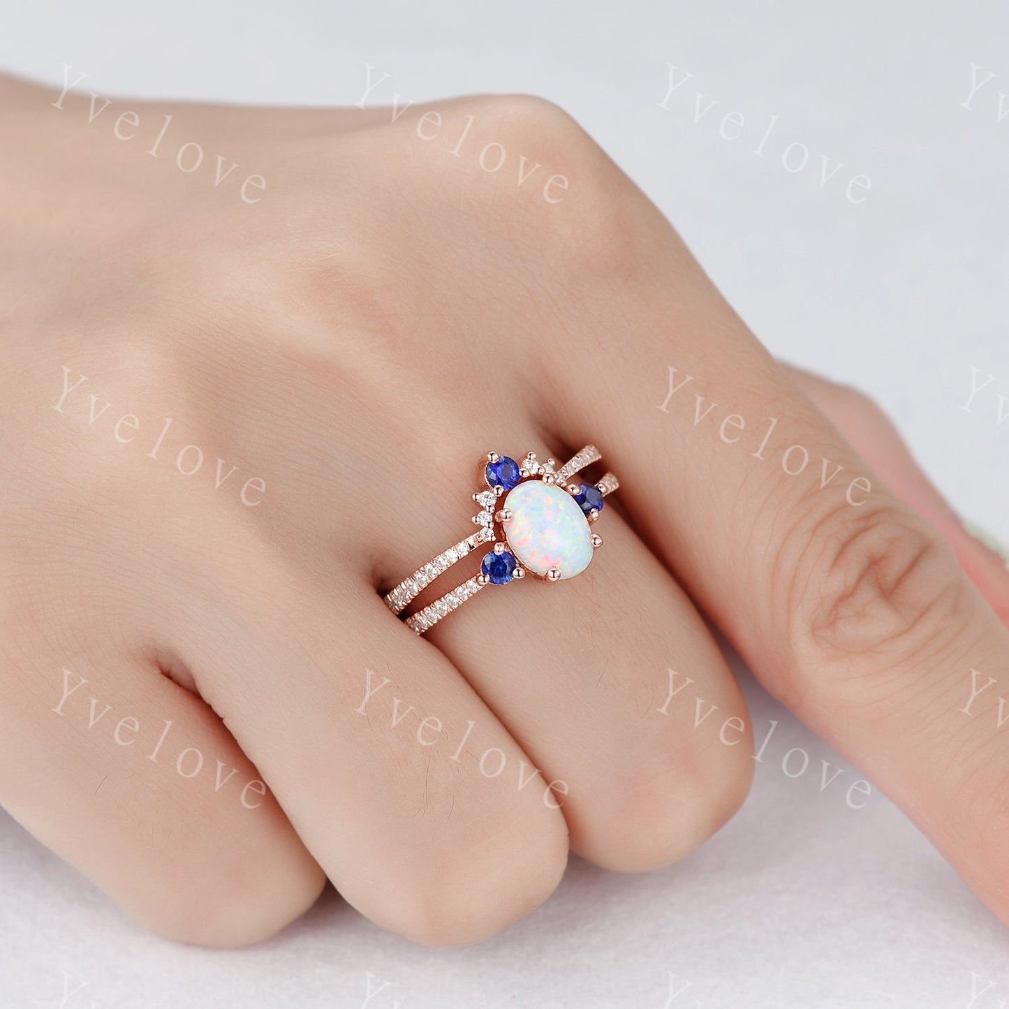Danity Opal Engagement Ring Set Blue Sapphire Diamond Matching Band Women Bridal Wedding Ring Set Yellow Gold Anniversary Promise Jewelry