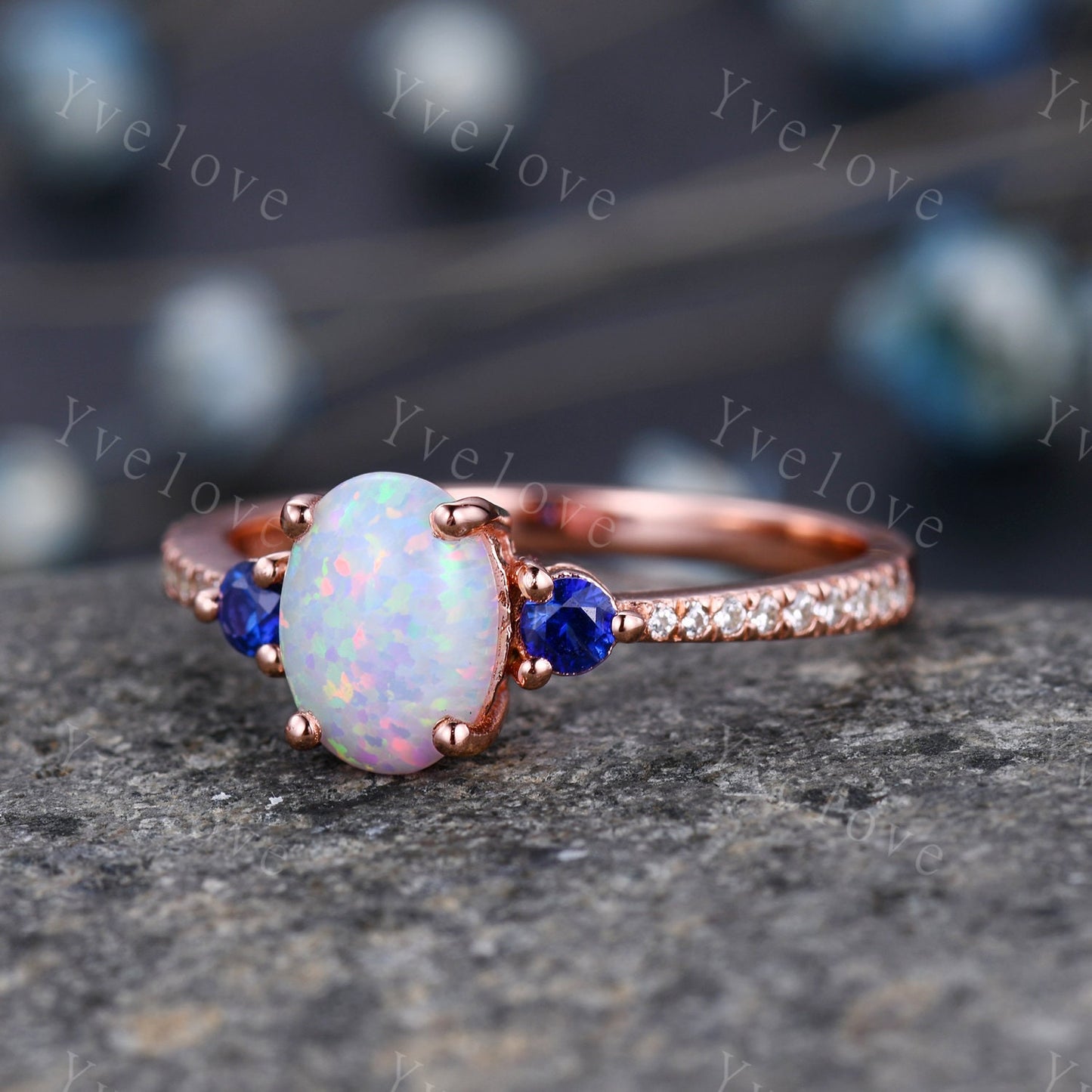 Oval Cut Opal Engagement Ring Set Rose Gold Diamond Blue Sapphire Matching Band Stacking Bridal Wedding Ring Set Birthstone Promise Jewelry