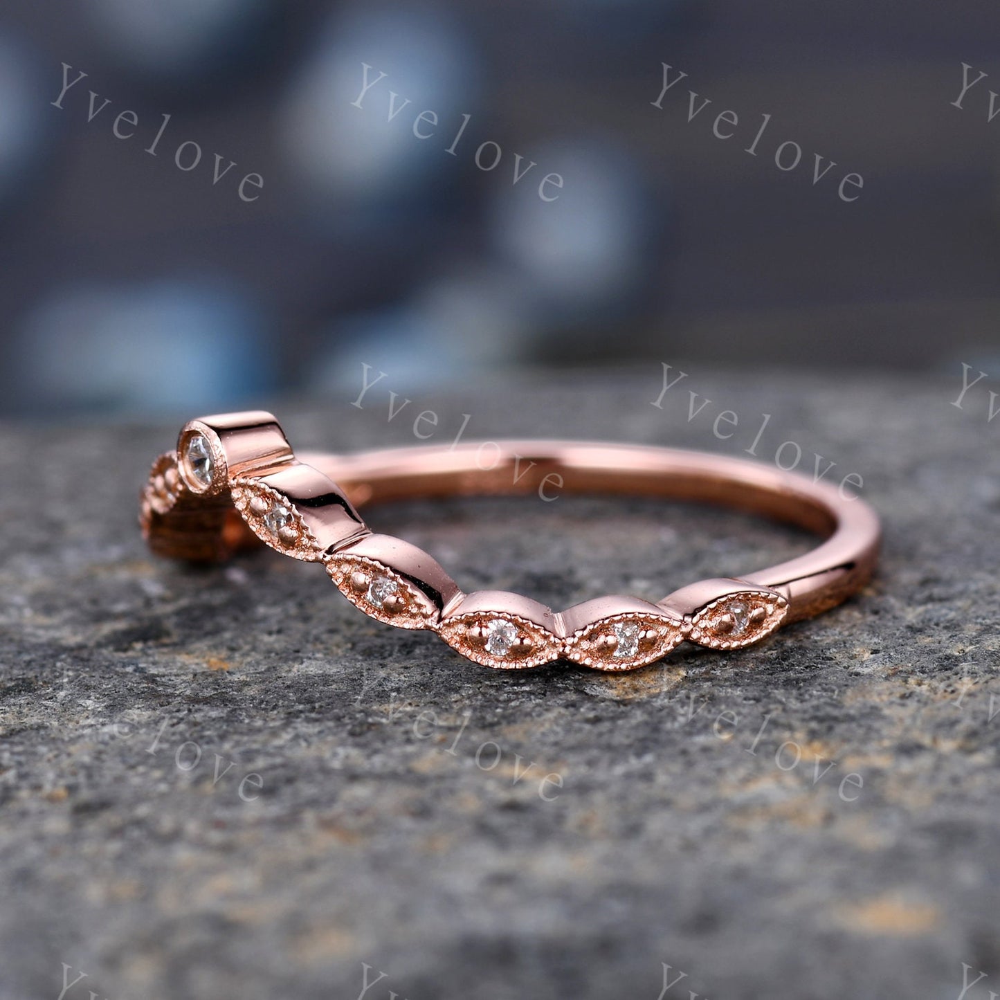Curved shape diamond wedding band 14k rose gold art deco diamond  matching band stacking band natural conflict free stone customized