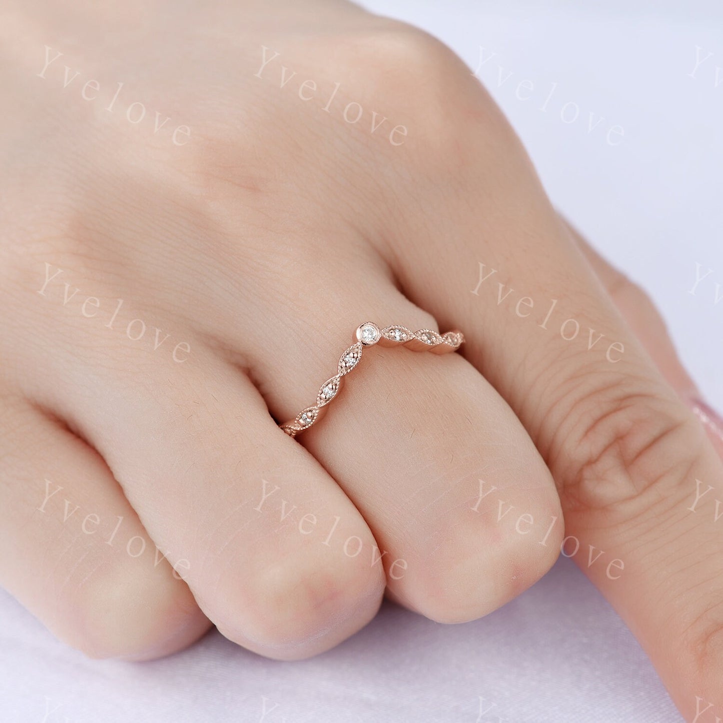 Curved shape diamond wedding band 14k rose gold art deco diamond  matching band stacking band natural conflict free stone customized