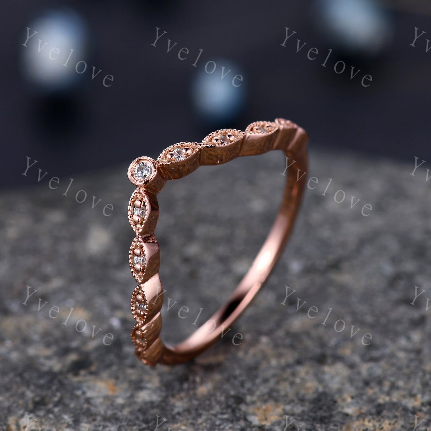 Curved shape diamond wedding band 14k rose gold art deco diamond  matching band stacking band natural conflict free stone customized