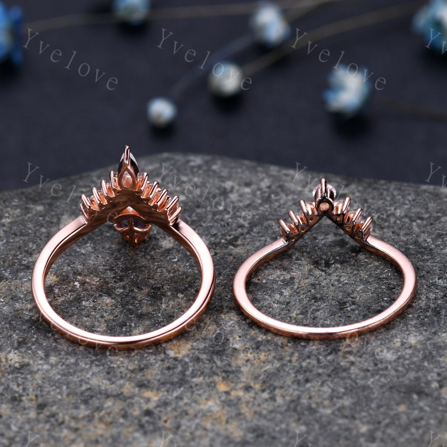 Pear Cut Vintage Alexandrite Engagement Ring Set Atr Deco Rose Gold Women  Matching Band Promise Bridal Stacking Ring Set Gift for her