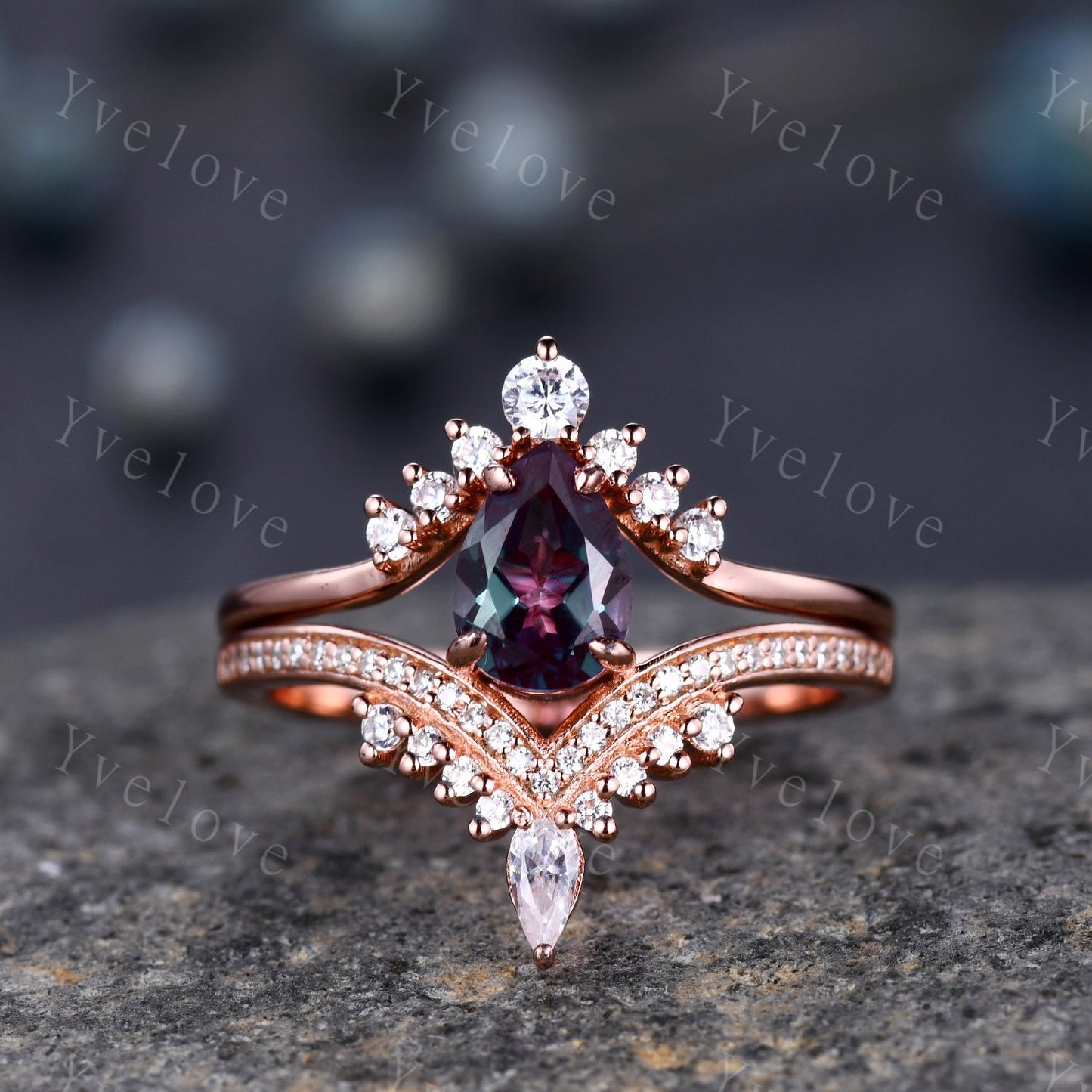 Pear Cut Vintage Alexandrite Engagement Ring Set Atr Deco Rose Gold Women  Matching Band Promise Bridal Stacking Ring Set Gift for her