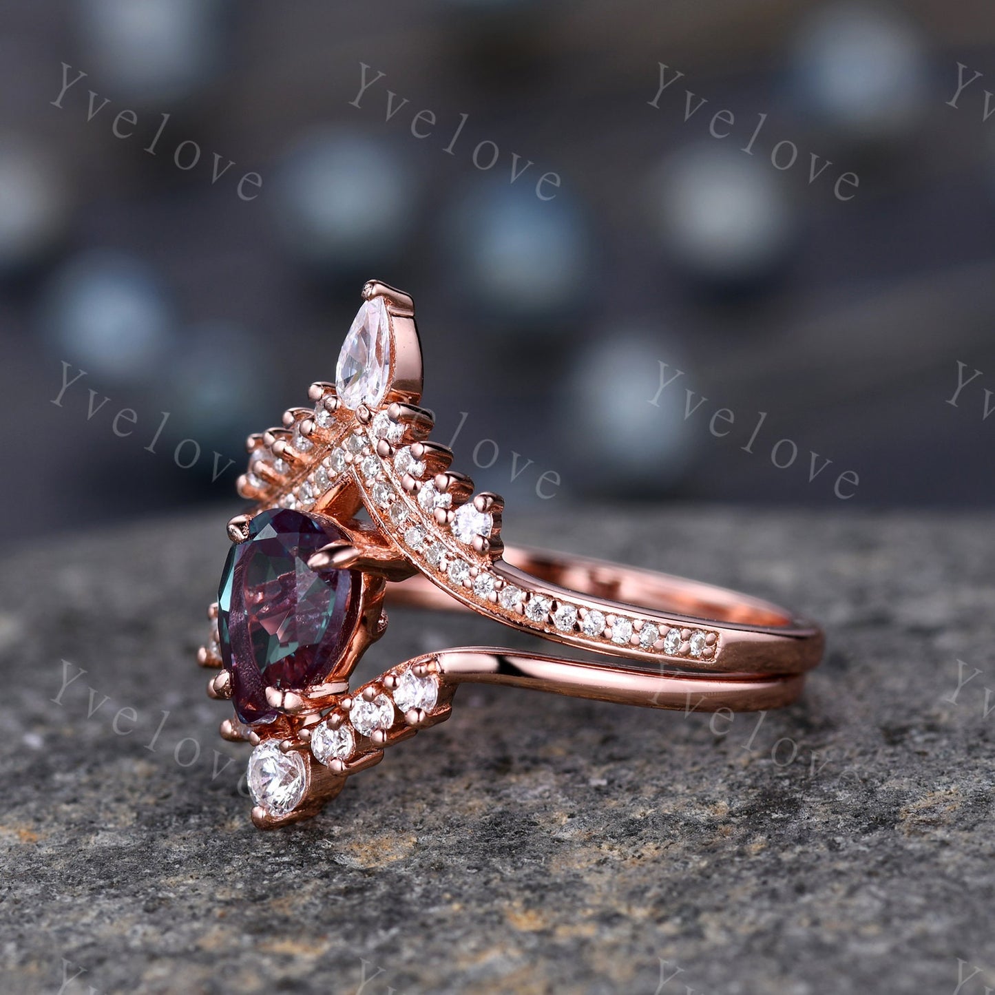 Pear Cut Vintage Alexandrite Engagement Ring Set Atr Deco Rose Gold Women  Matching Band Promise Bridal Stacking Ring Set Gift for her