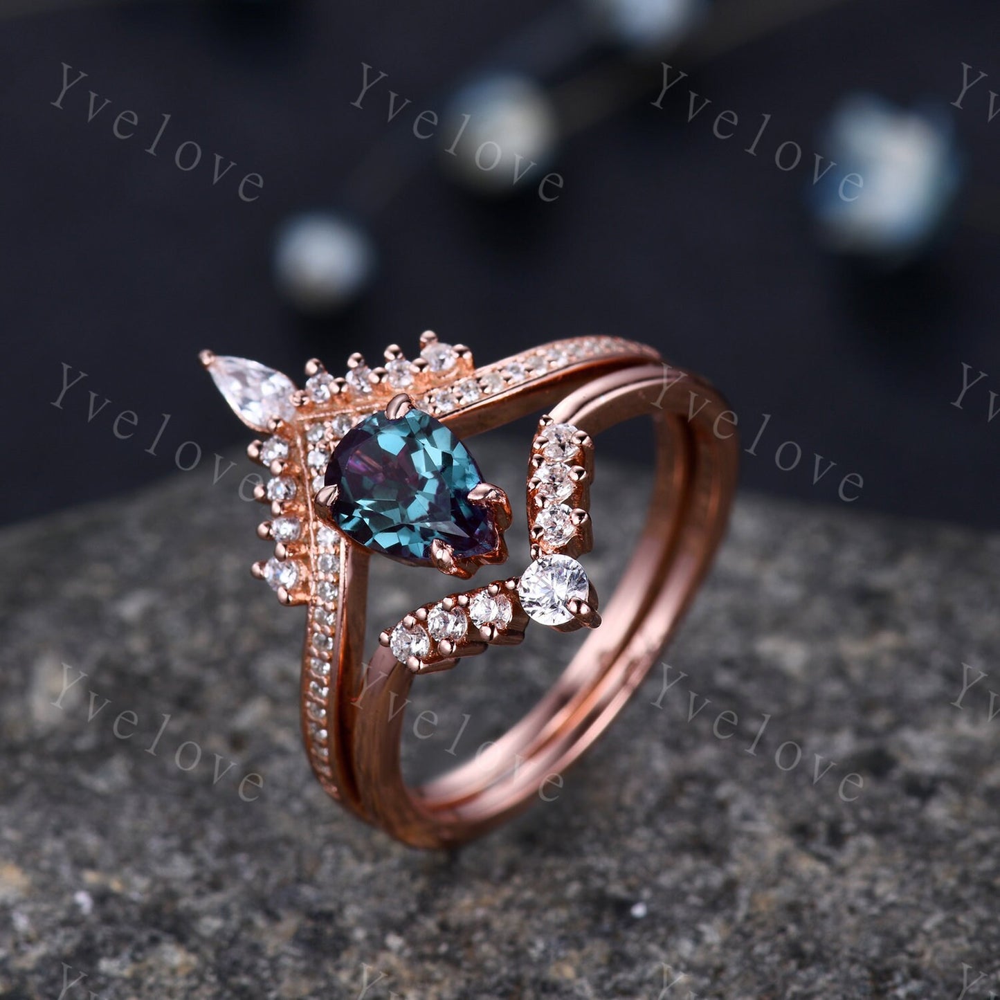 Pear Cut Vintage Alexandrite Engagement Ring Set Atr Deco Rose Gold Women  Matching Band Promise Bridal Stacking Ring Set Gift for her