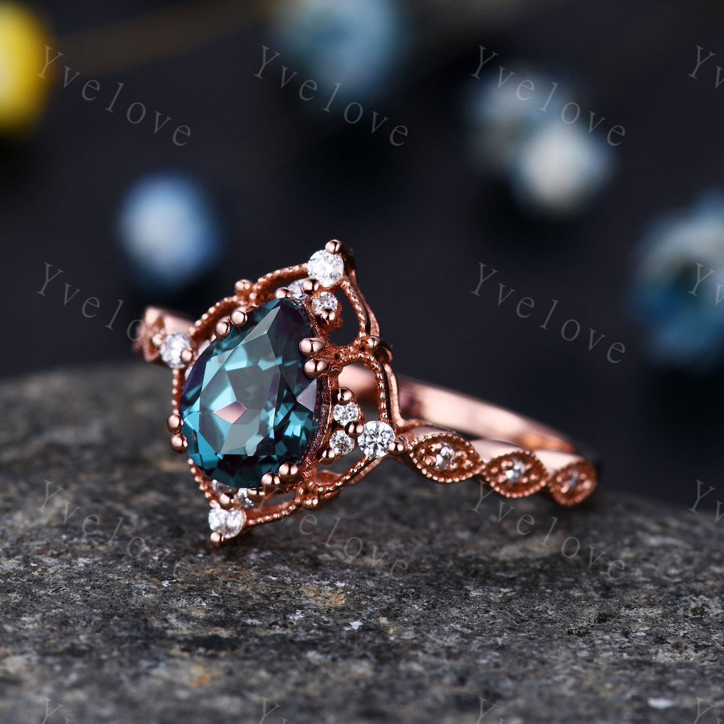 Pear Shaped Rose Gold Ring Vintage Alexandrite Engagement Ring  Milgrain Art Deco Floral Diamond Ring Unique Promise Jewelry Gift For Her