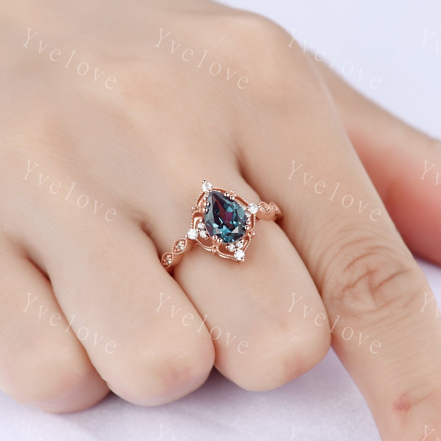 Pear Shaped Rose Gold Ring Vintage Alexandrite Engagement Ring  Milgrain Art Deco Floral Diamond Ring Unique Promise Jewelry Gift For Her