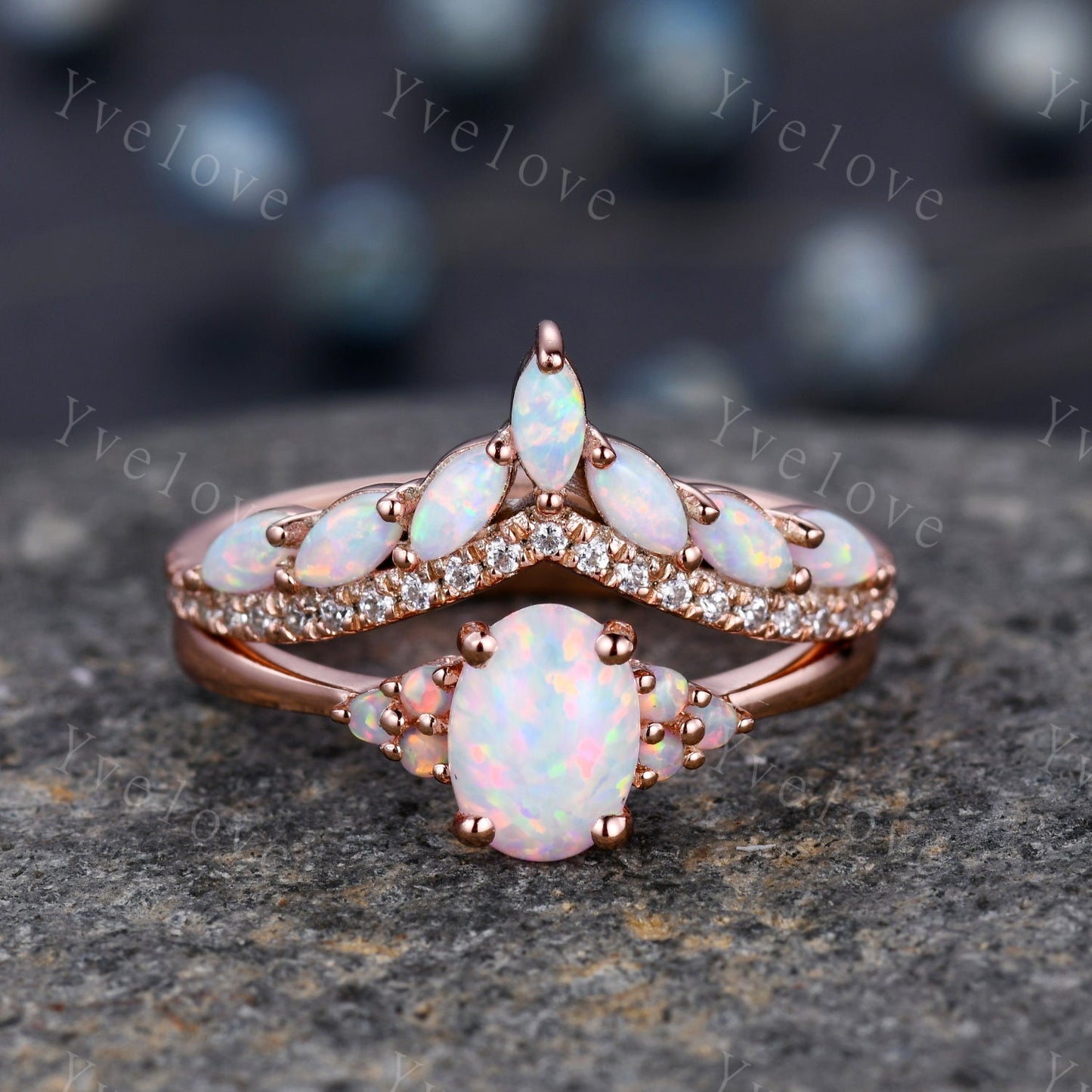Opal Rings for Women, Rose Gold Opal Engagement Ring, Opal Wedding Ring Set, Multi-Gemstone Ring, Promise Ring, Statement Ring