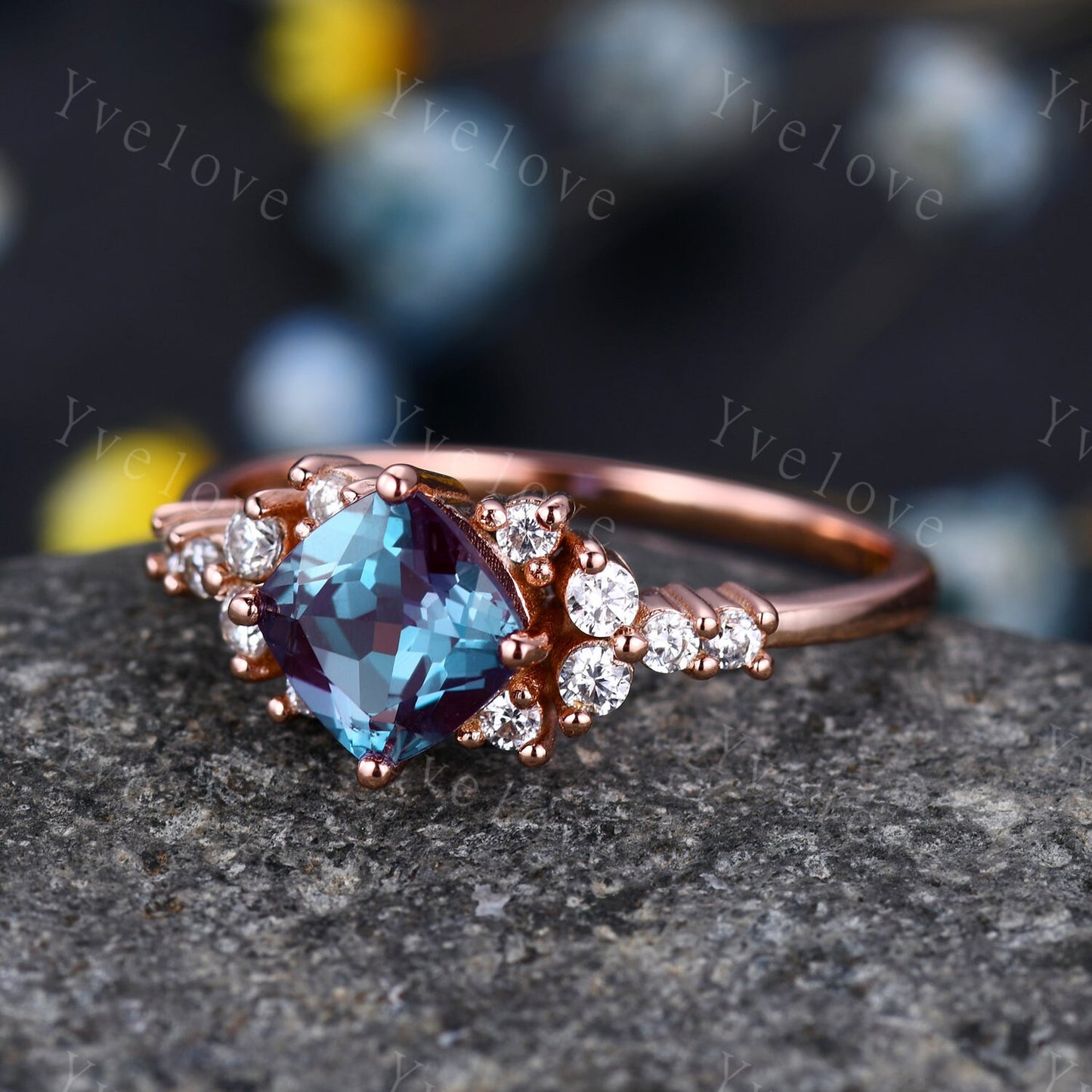 Vintage  cushion cut alexandrite engagement ring rose gold  moissanite ring wedding ring unique June birthstone ring promise ring woman gift
